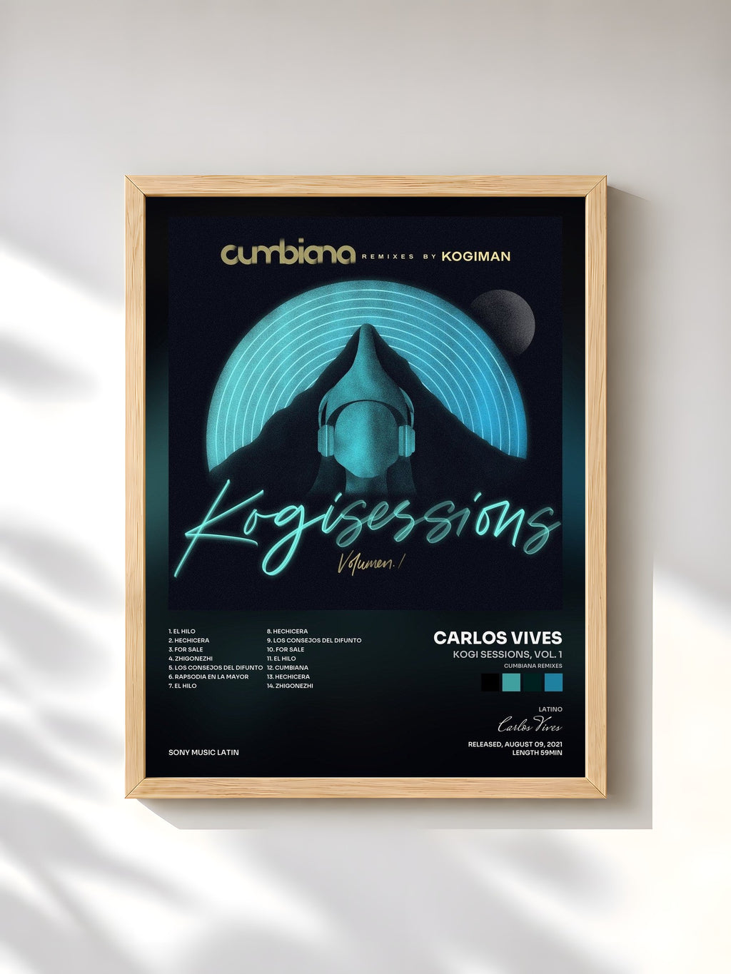 #bois Tableau de l'album KOGI SESSIONS, Vol. 1 (Cumbiana Remixes) de Carlos Vives, cadre en bois brut, imprimé et encadré en France