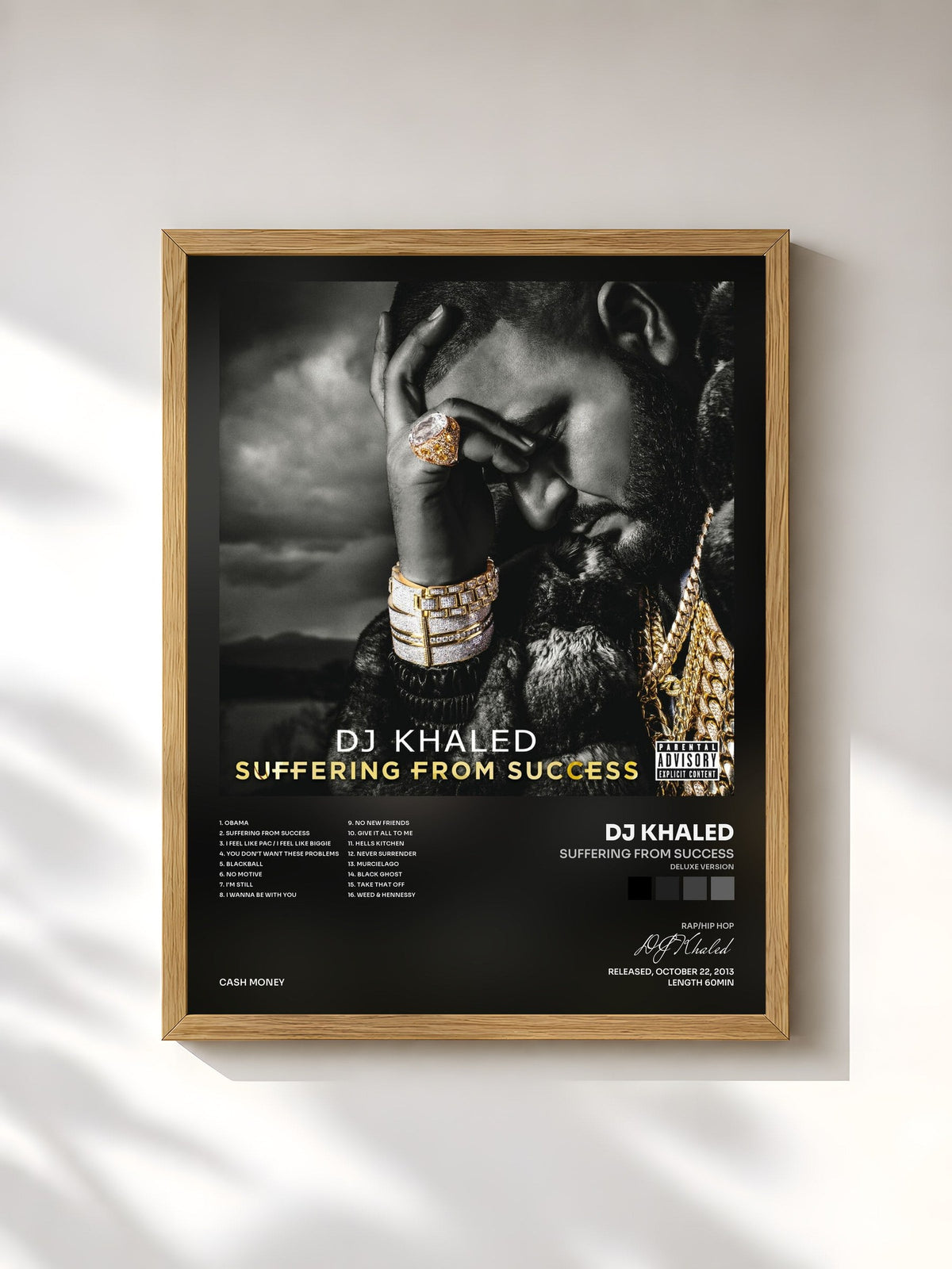 #bois Tableau de l'album Suffering From Success (Deluxe Version) de DJ Khaled, cadre en bois brut, imprimé et encadré en France