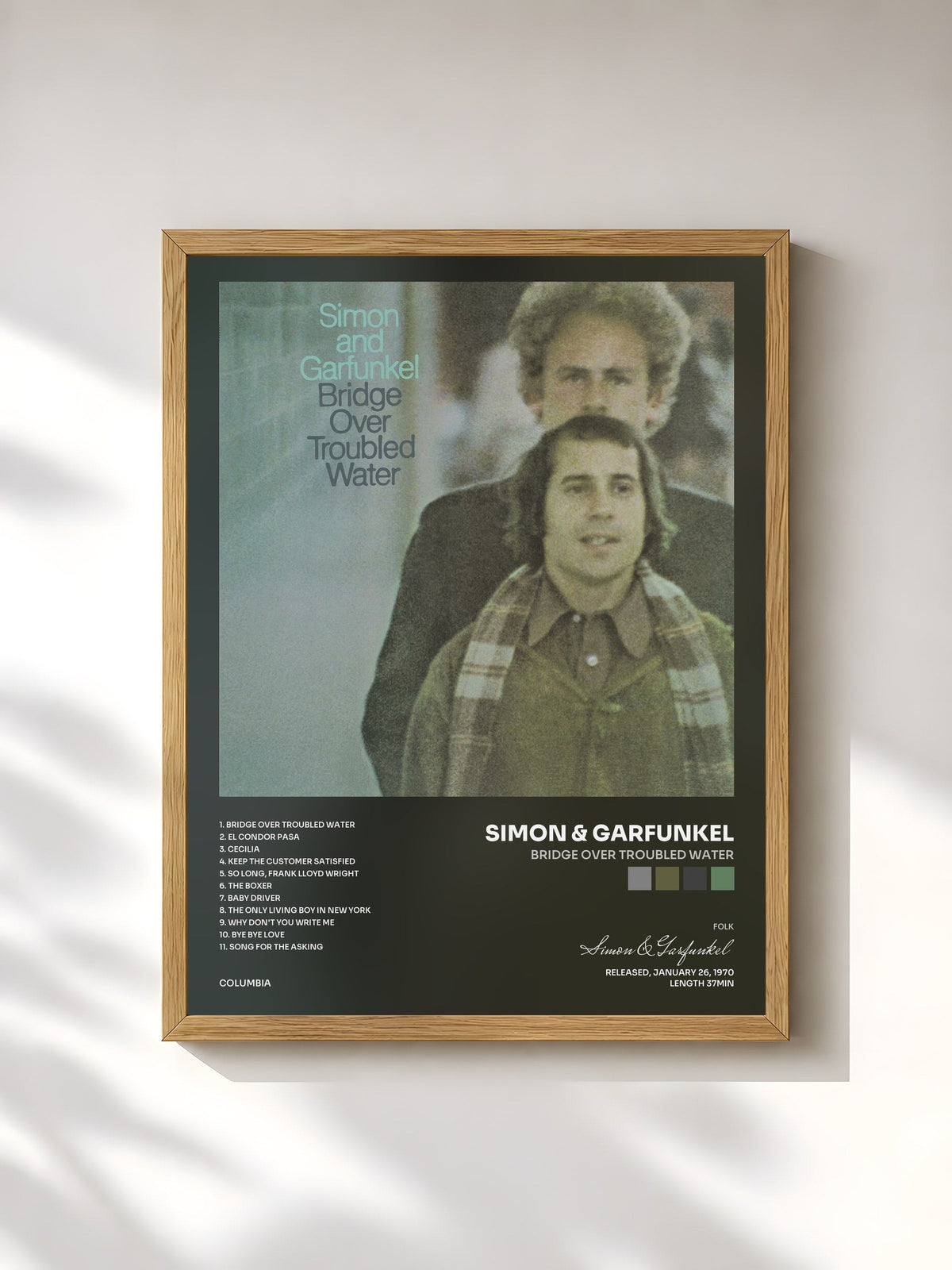 #bois Tableau de l'album Bridge Over Troubled Water de Simon & Garfunkel, cadre en bois brut, imprimé et encadré en France