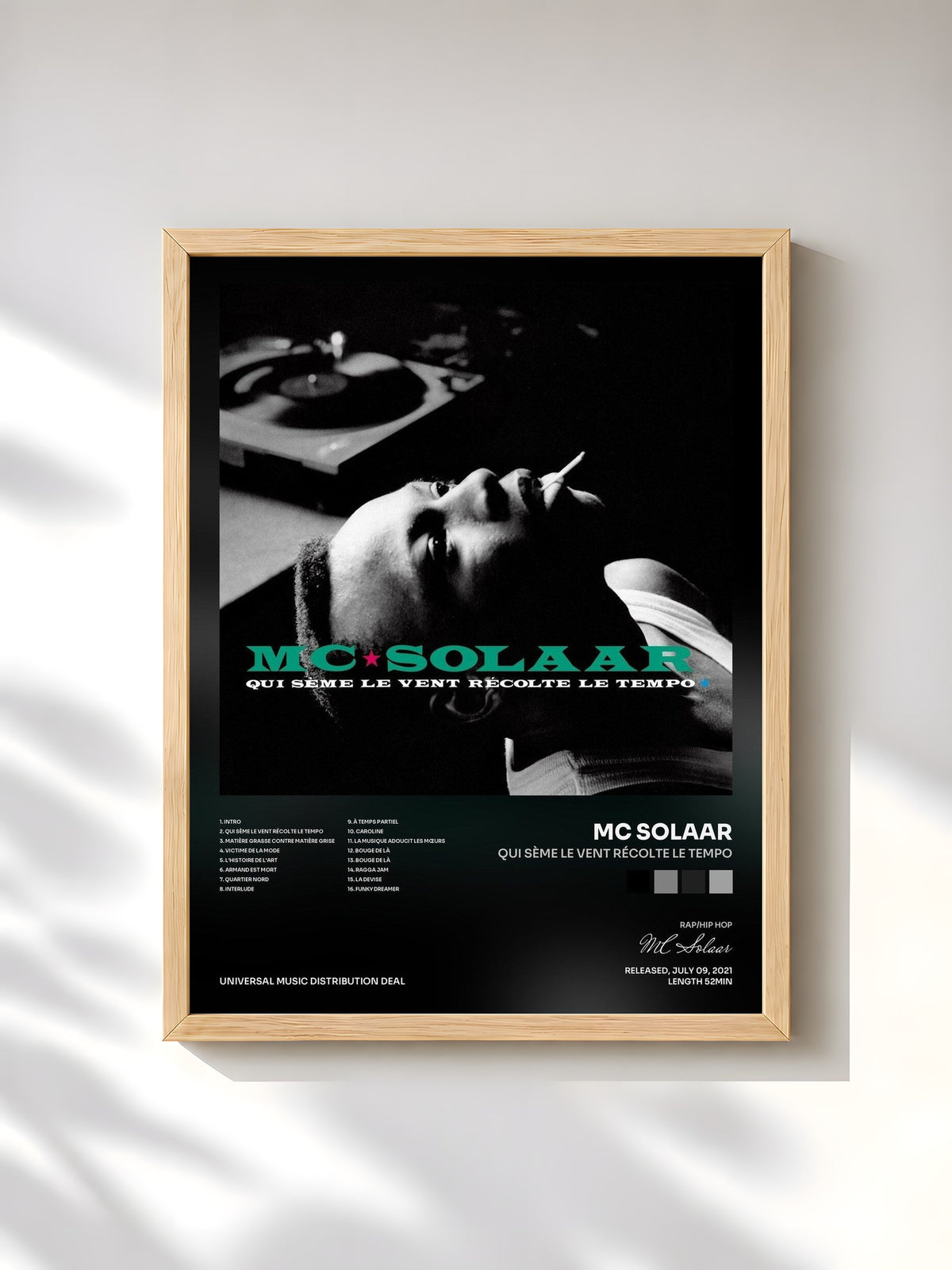#bois Tableau de l'album Qui sème le vent récolte le tempo de MC Solaar, cadre en bois brut, imprimé et encadré en France