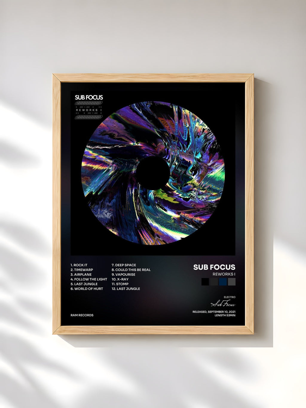 #bois Tableau de l'album Reworks I de Sub Focus, cadre en bois brut, imprimé et encadré en France