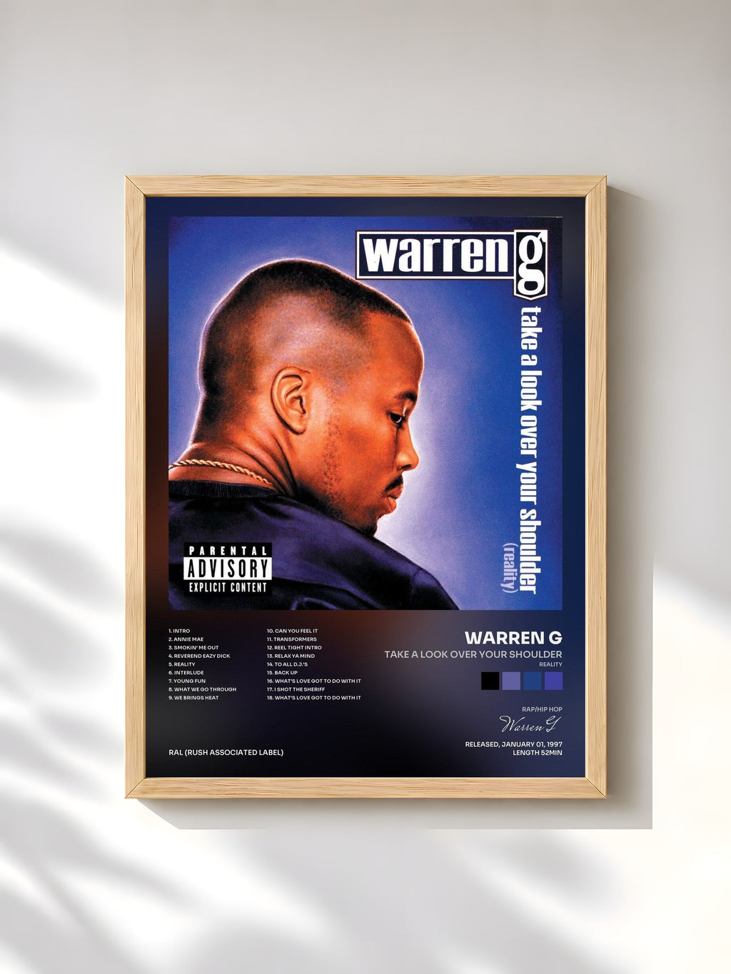 #bois Tableau de l'album Take A Look Over Your Shoulder (Reality) de Warren G, cadre en bois brut, imprimé et encadré en France