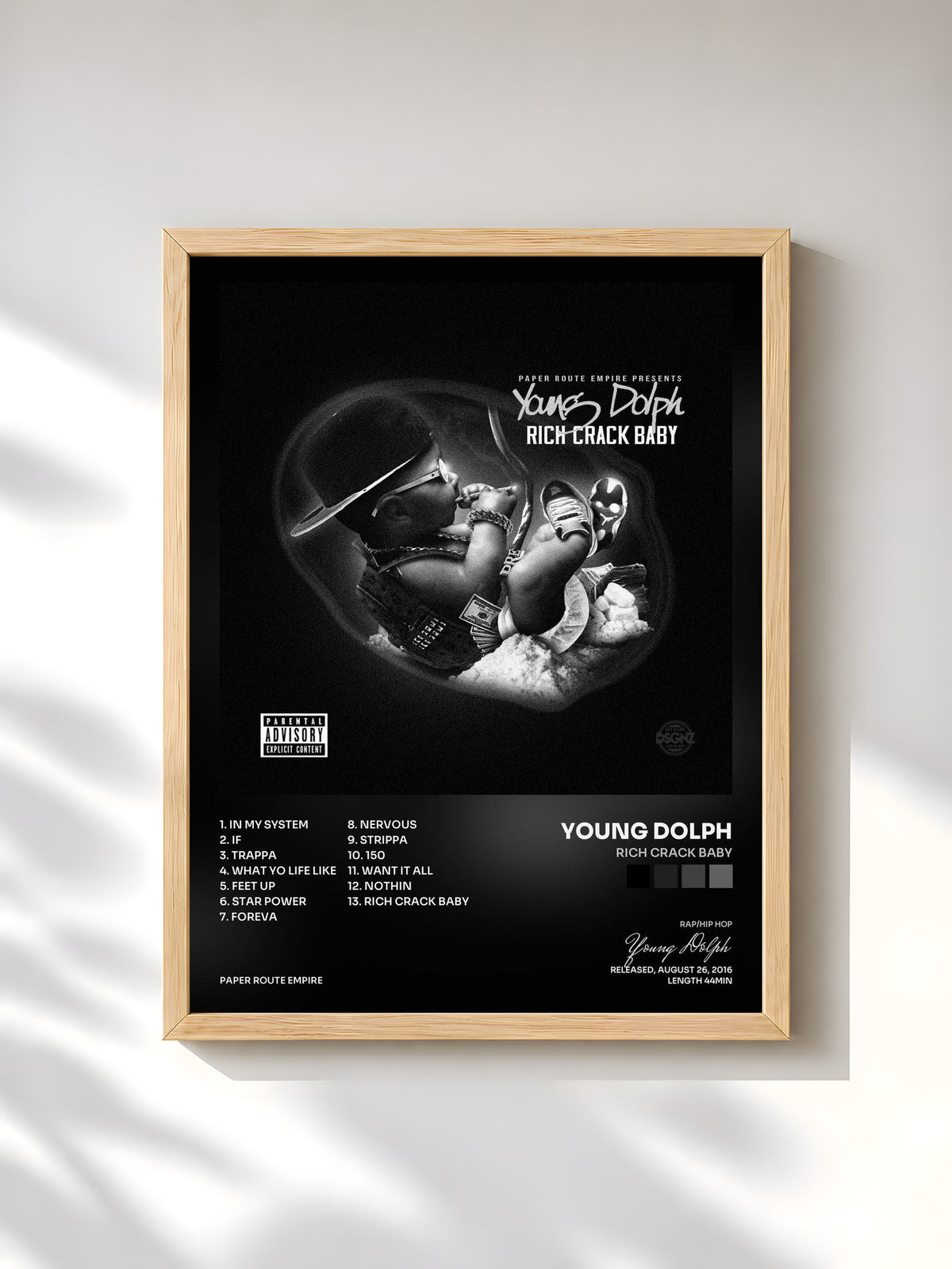#bois Tableau de l'album Rich Crack Baby de Young Dolph, cadre en bois brut, imprimé et encadré en France