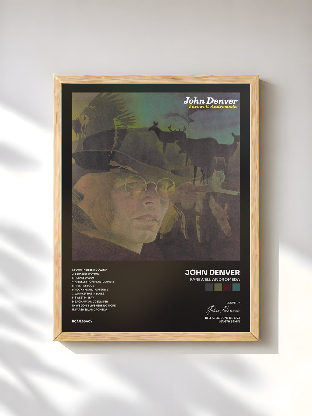 #bois Tableau de l'album Farewell Andromeda de John Denver, cadre en bois brut, imprimé et encadré en France