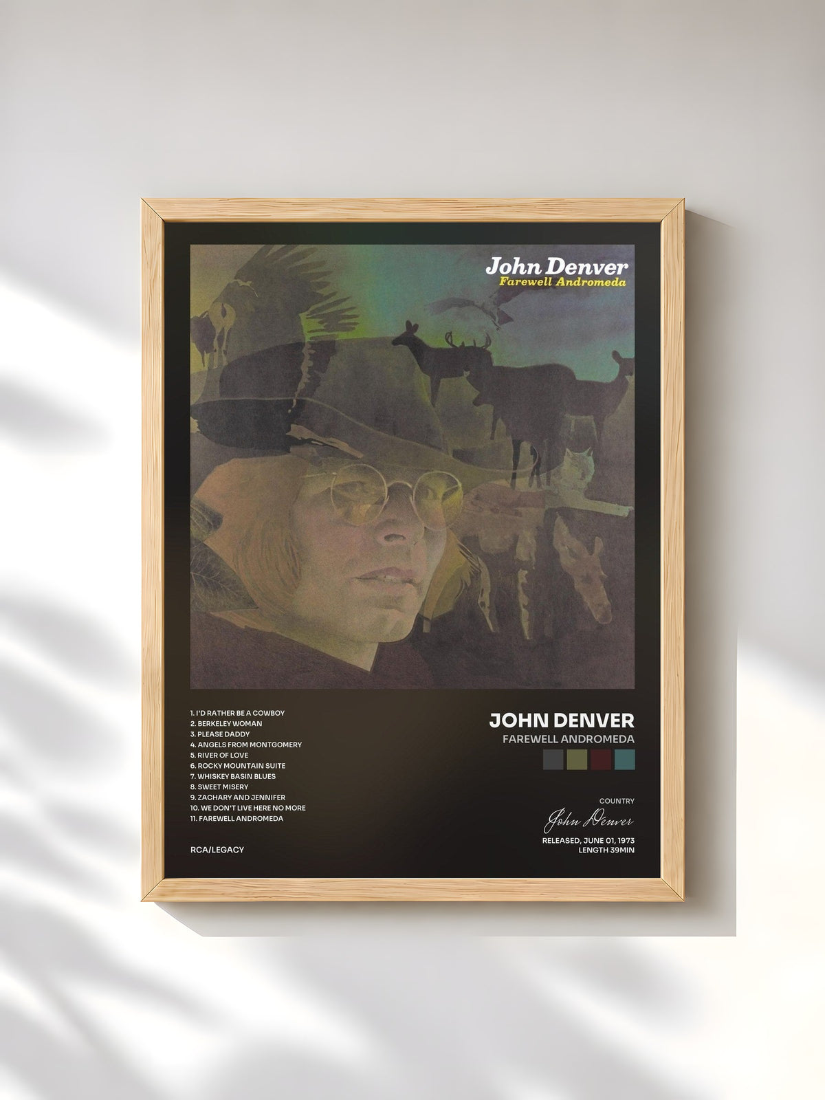 #bois Tableau de l'album Farewell Andromeda de John Denver, cadre en bois brut, imprimé et encadré en France