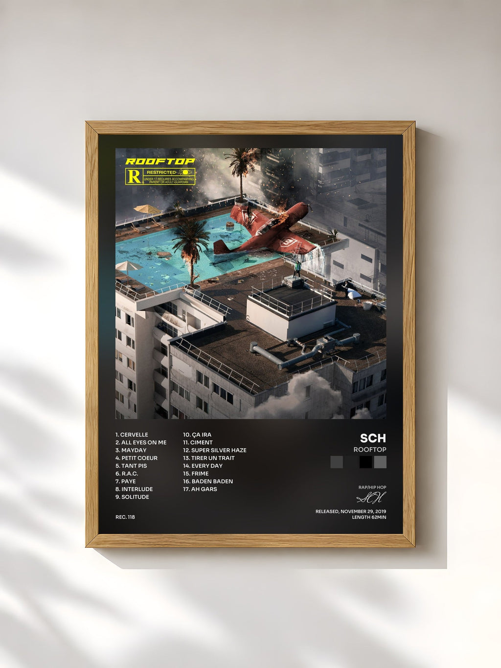 #bois Tableau de l'album Rooftop de SCH, cadre en bois brut, imprimé et encadré en France