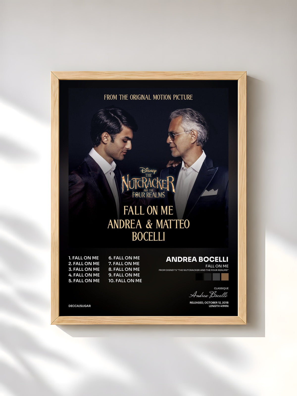#bois Tableau de l'album Fall On Me (From Disney's "The Nutcracker And The Four Realms") de Andrea Bocelli, cadre en bois brut, imprimé et encadré en France