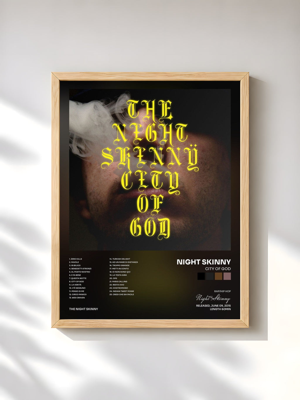 #bois Tableau de l'album City Of God de Night Skinny, cadre en bois brut, imprimé et encadré en France