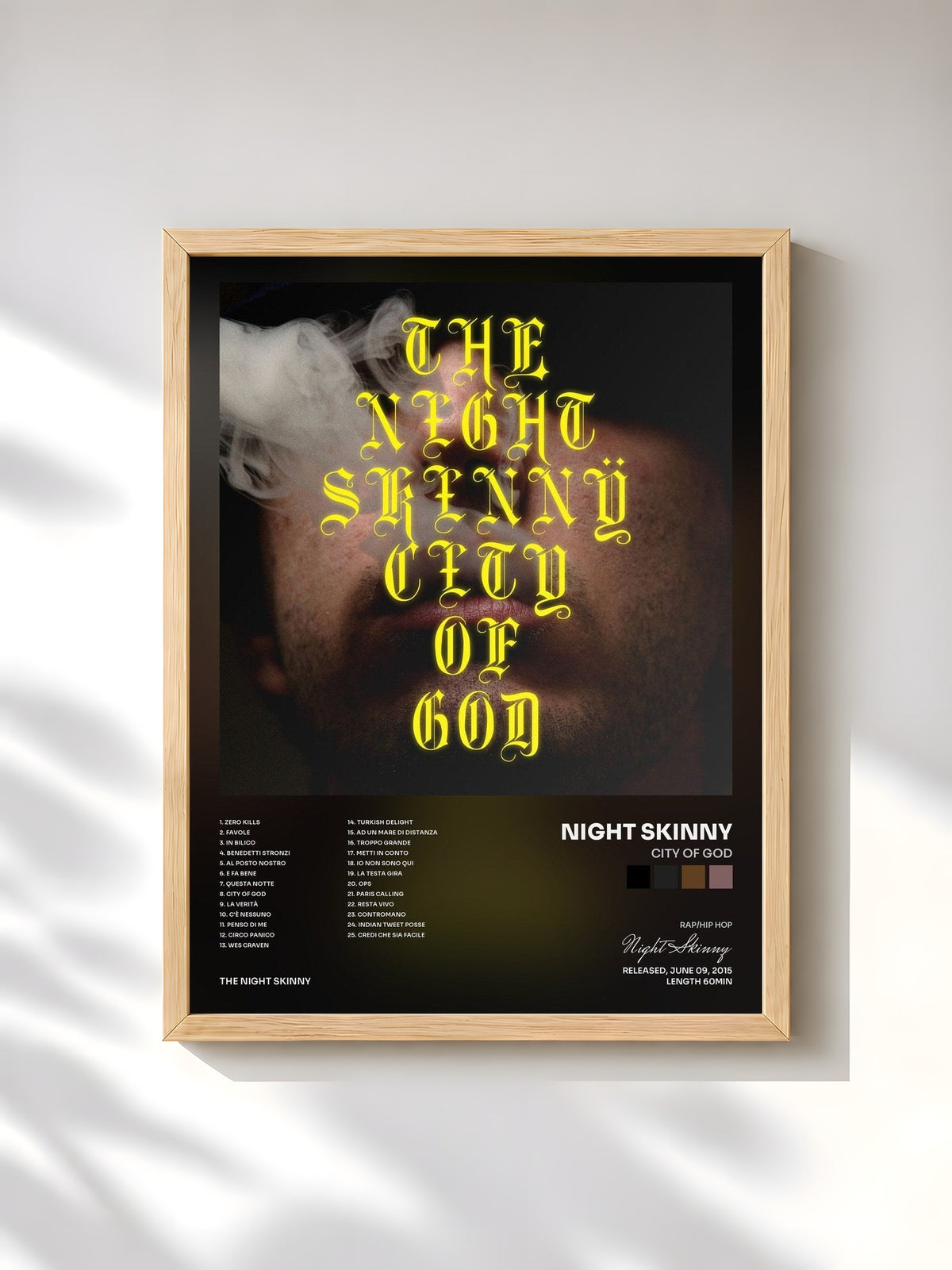 #bois Tableau de l'album City Of God de Night Skinny, cadre en bois brut, imprimé et encadré en France