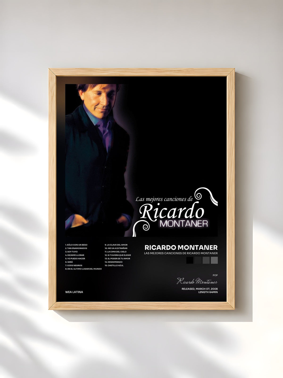 #bois Tableau de l'album Las Mejores Canciones De Ricardo Montaner de Ricardo Montaner, cadre en bois brut, imprimé et encadré en France