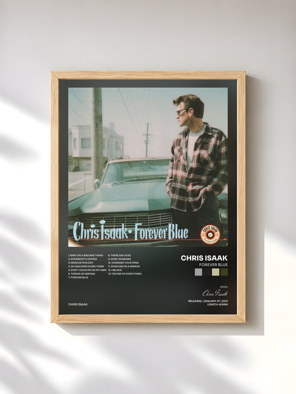 #bois Tableau de l'album Forever Blue de Chris Isaak, cadre en bois brut, imprimé et encadré en France