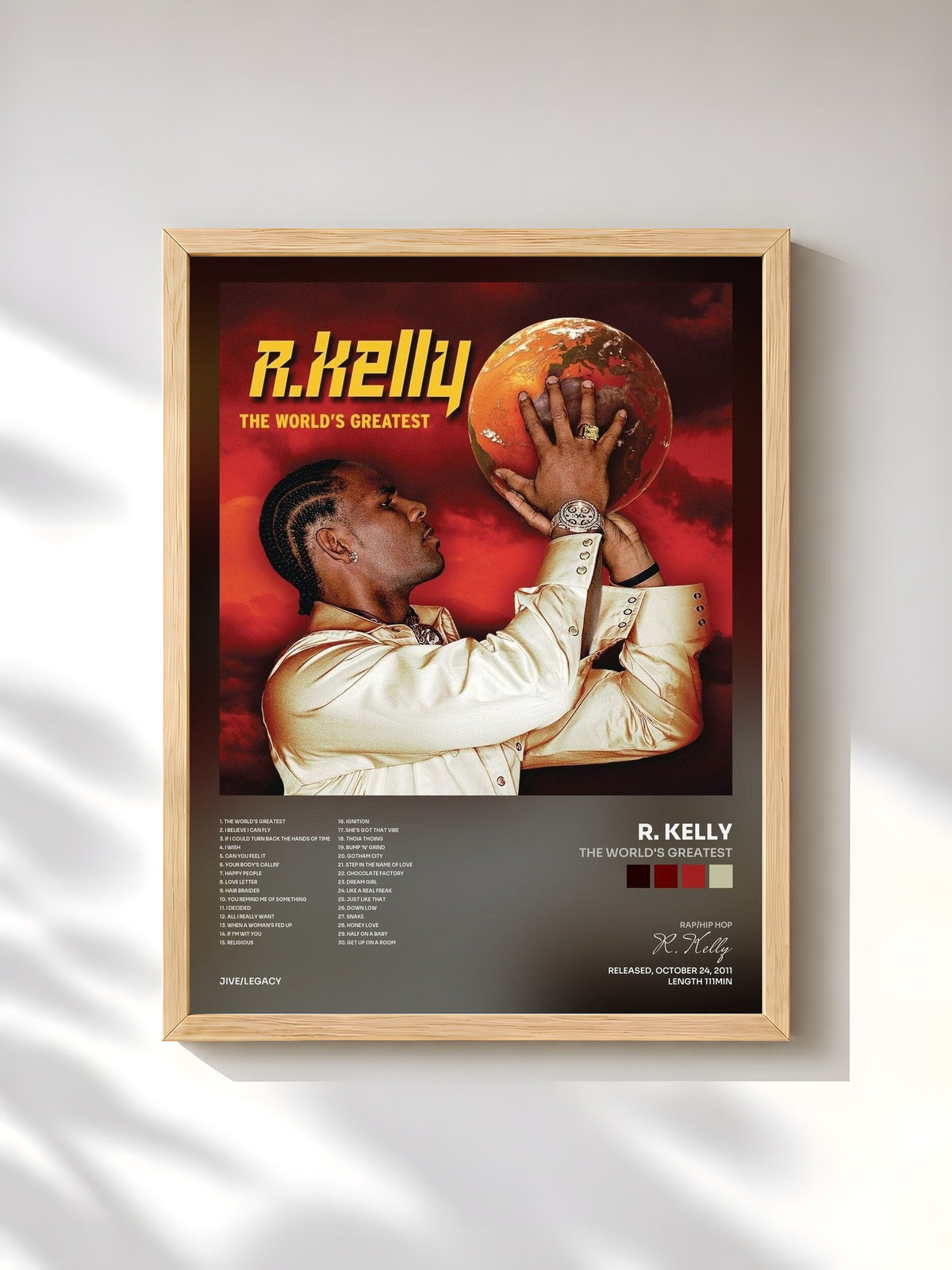 #bois Tableau de l'album The World's Greatest de R. Kelly, cadre en bois brut, imprimé et encadré en France