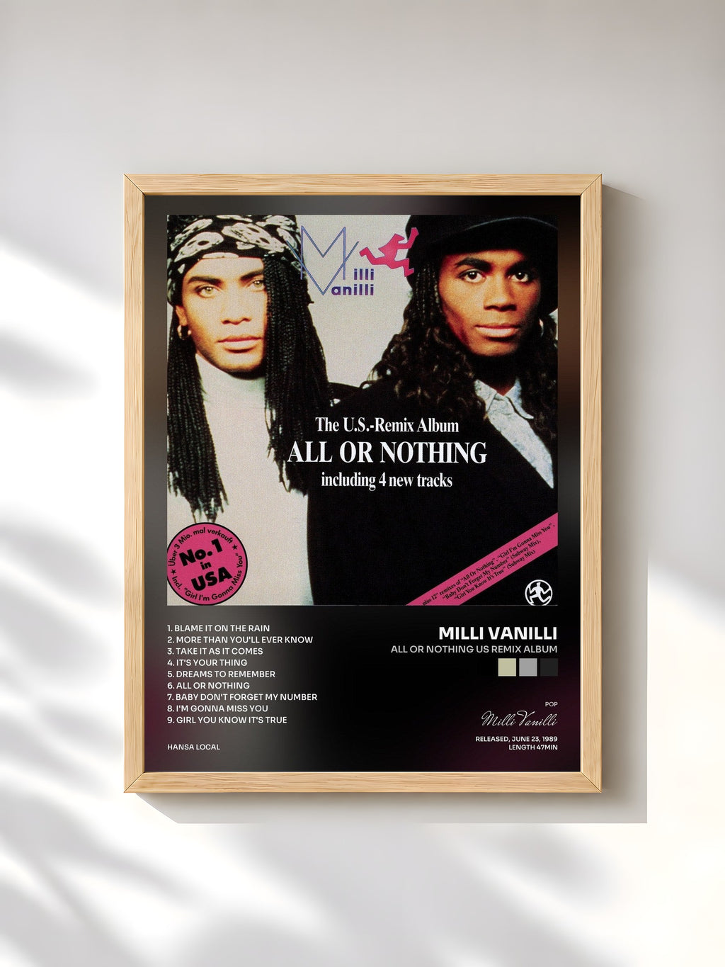 #bois Tableau de l'album All Or Nothing US Remix Album de Milli Vanilli, cadre en bois brut, imprimé et encadré en France