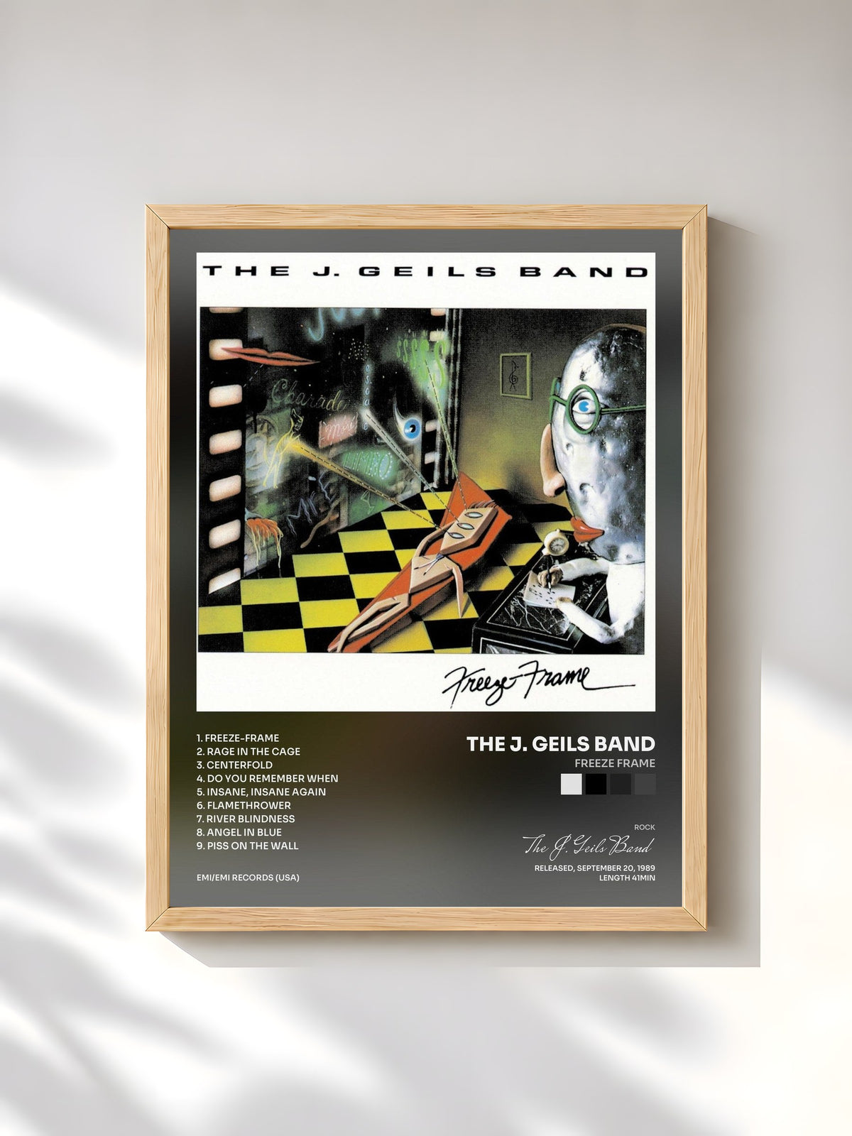 #bois Tableau de l'album Freeze Frame de The J. Geils Band, cadre en bois brut, imprimé et encadré en France