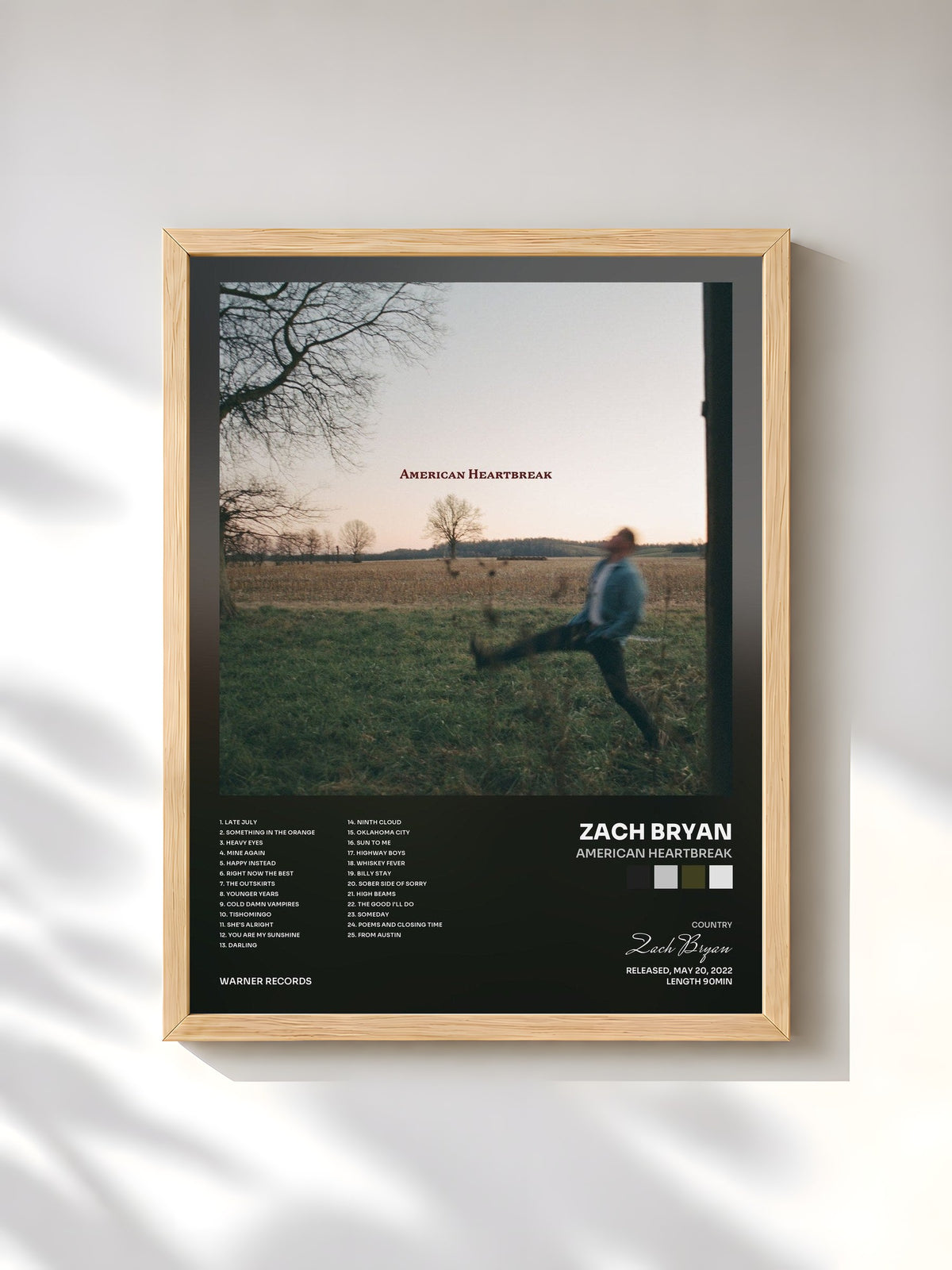 #bois Tableau de l'album American Heartbreak de Zach Bryan, cadre en bois brut, imprimé et encadré en France