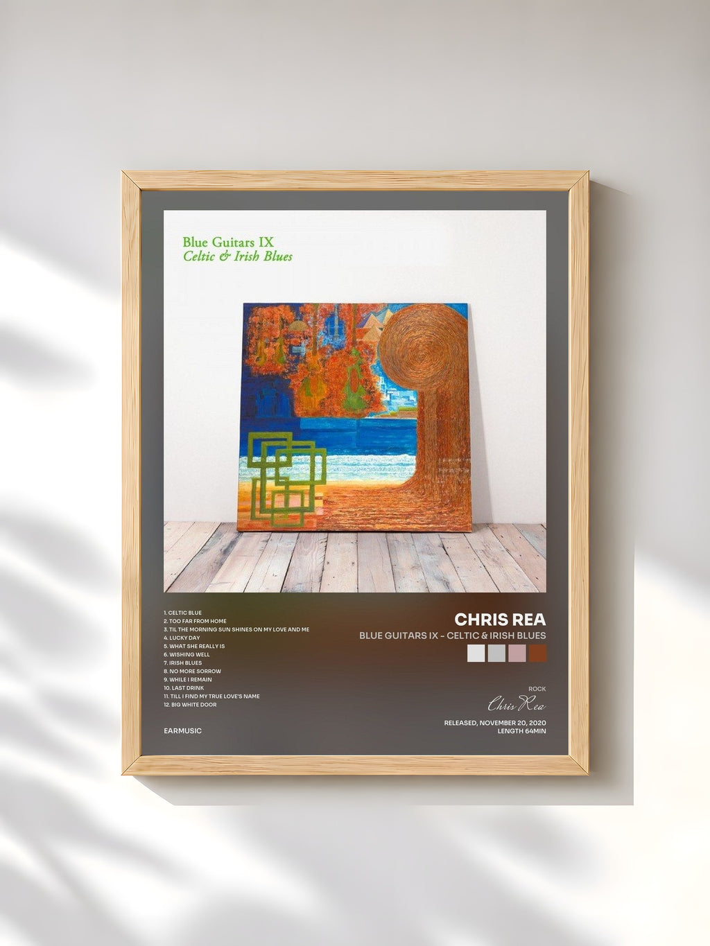 #bois Tableau de l'album Blue Guitars IX - Celtic & Irish Blues de Chris Rea, cadre en bois brut, imprimé et encadré en France