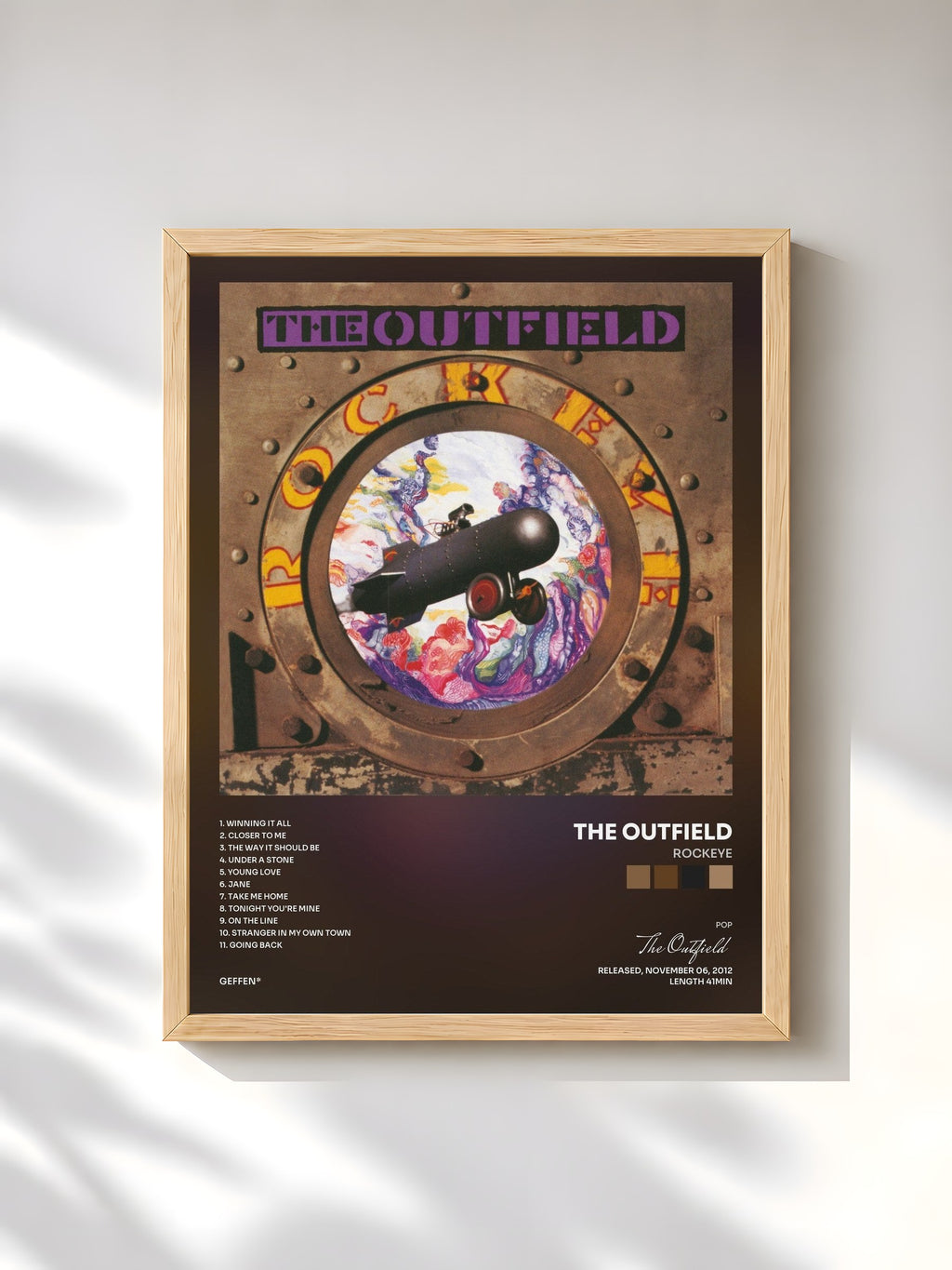 #bois Tableau de l'album Rockeye de The Outfield, cadre en bois brut, imprimé et encadré en France