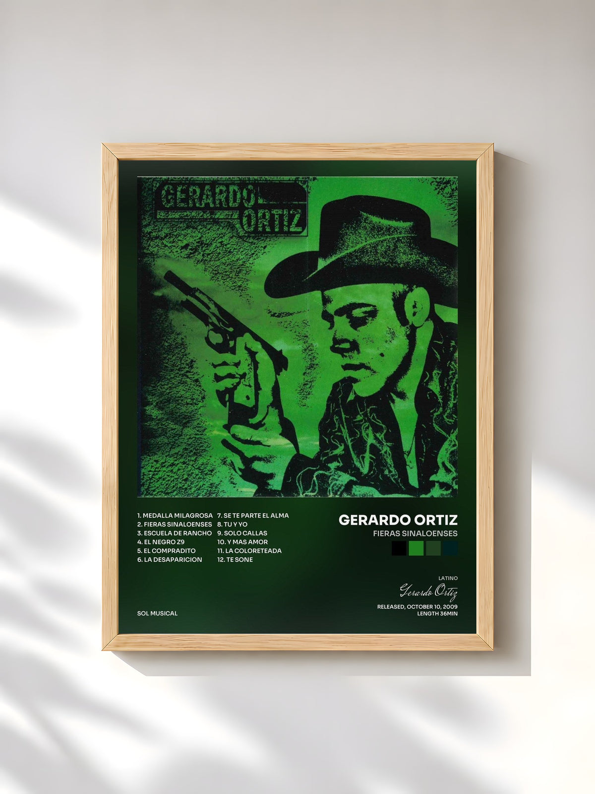 #bois Tableau de l'album Fieras Sinaloenses de Gerardo Ortiz, cadre en bois brut, imprimé et encadré en France