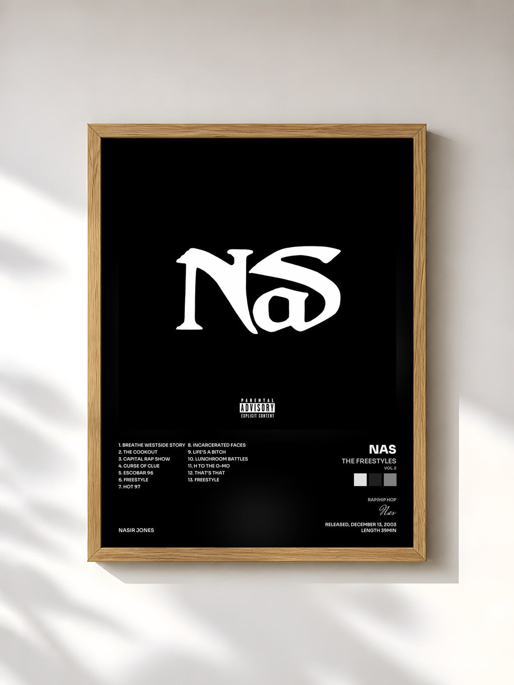 #bois Tableau de l'album The Freestyles (Vol. 2) de Nas, cadre en bois brut, imprimé et encadré en France