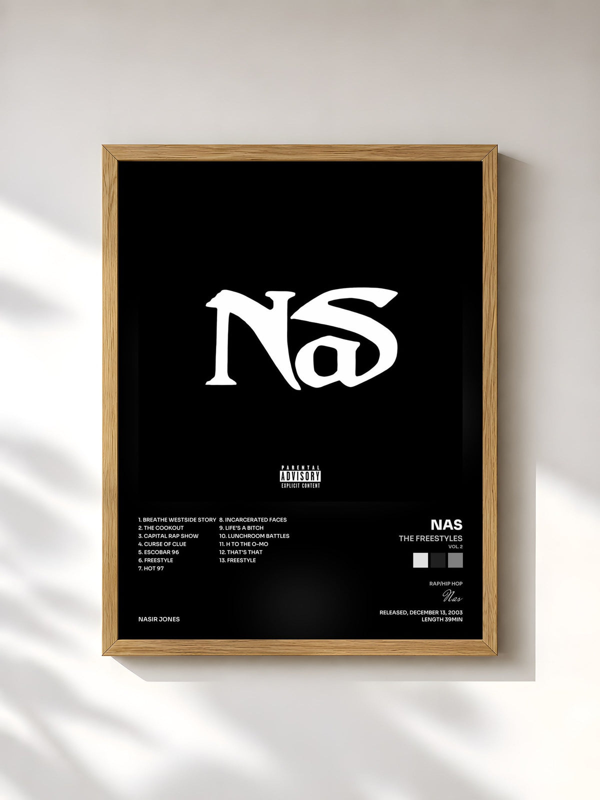 #bois Tableau de l'album The Freestyles (Vol. 2) de Nas, cadre en bois brut, imprimé et encadré en France