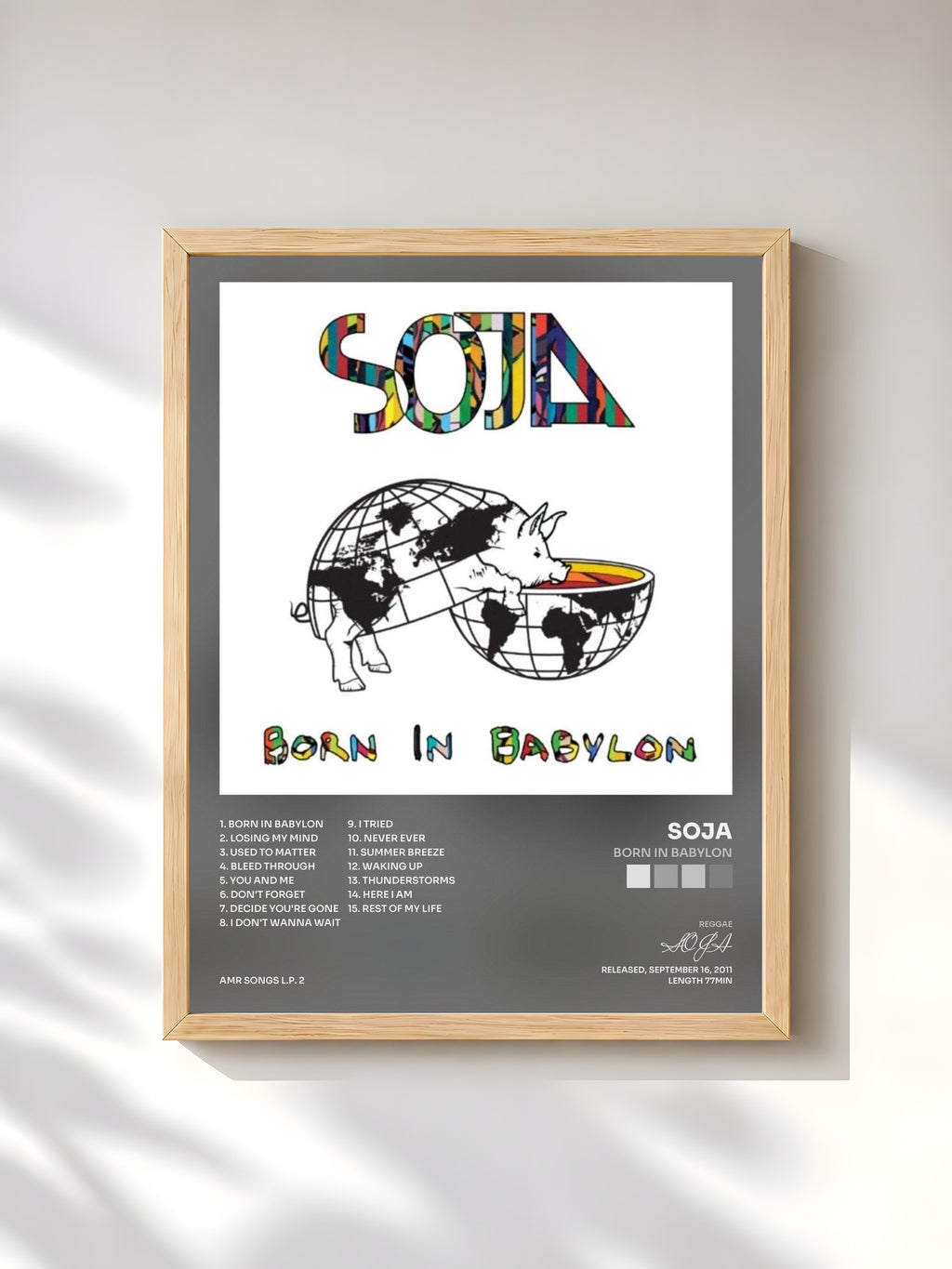 #bois Tableau de l'album Born In Babylon de SOJA, cadre en bois brut, imprimé et encadré en France