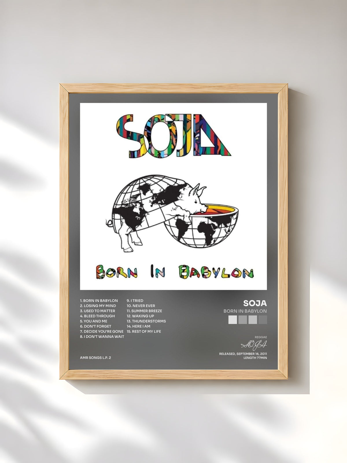 #bois Tableau de l'album Born In Babylon de SOJA, cadre en bois brut, imprimé et encadré en France