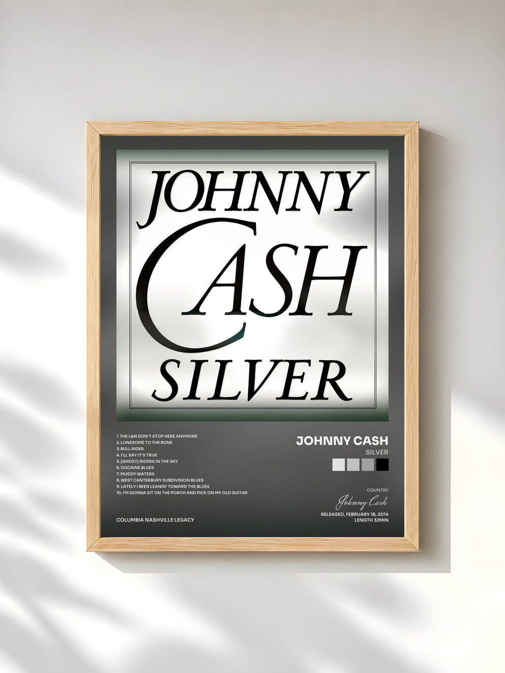 #bois Tableau de l'album Silver de Johnny Cash, cadre en bois brut, imprimé et encadré en France