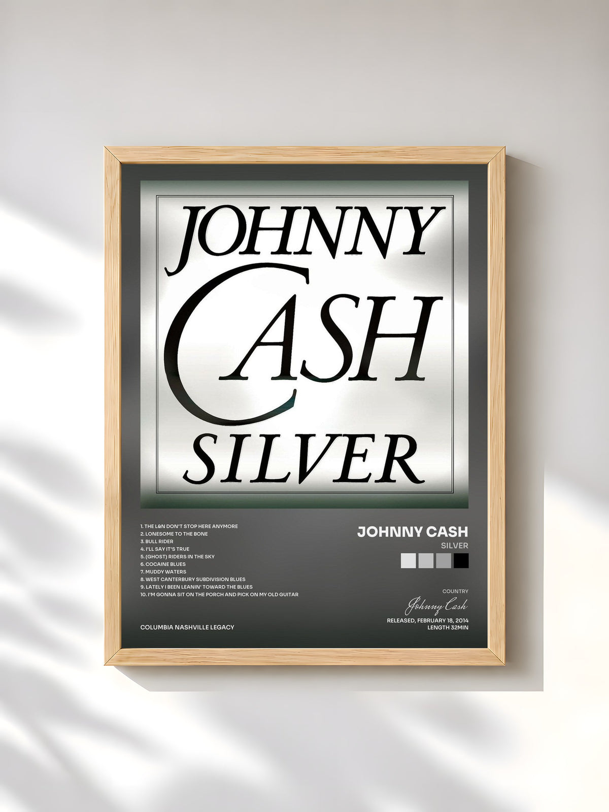 #bois Tableau de l'album Silver de Johnny Cash, cadre en bois brut, imprimé et encadré en France