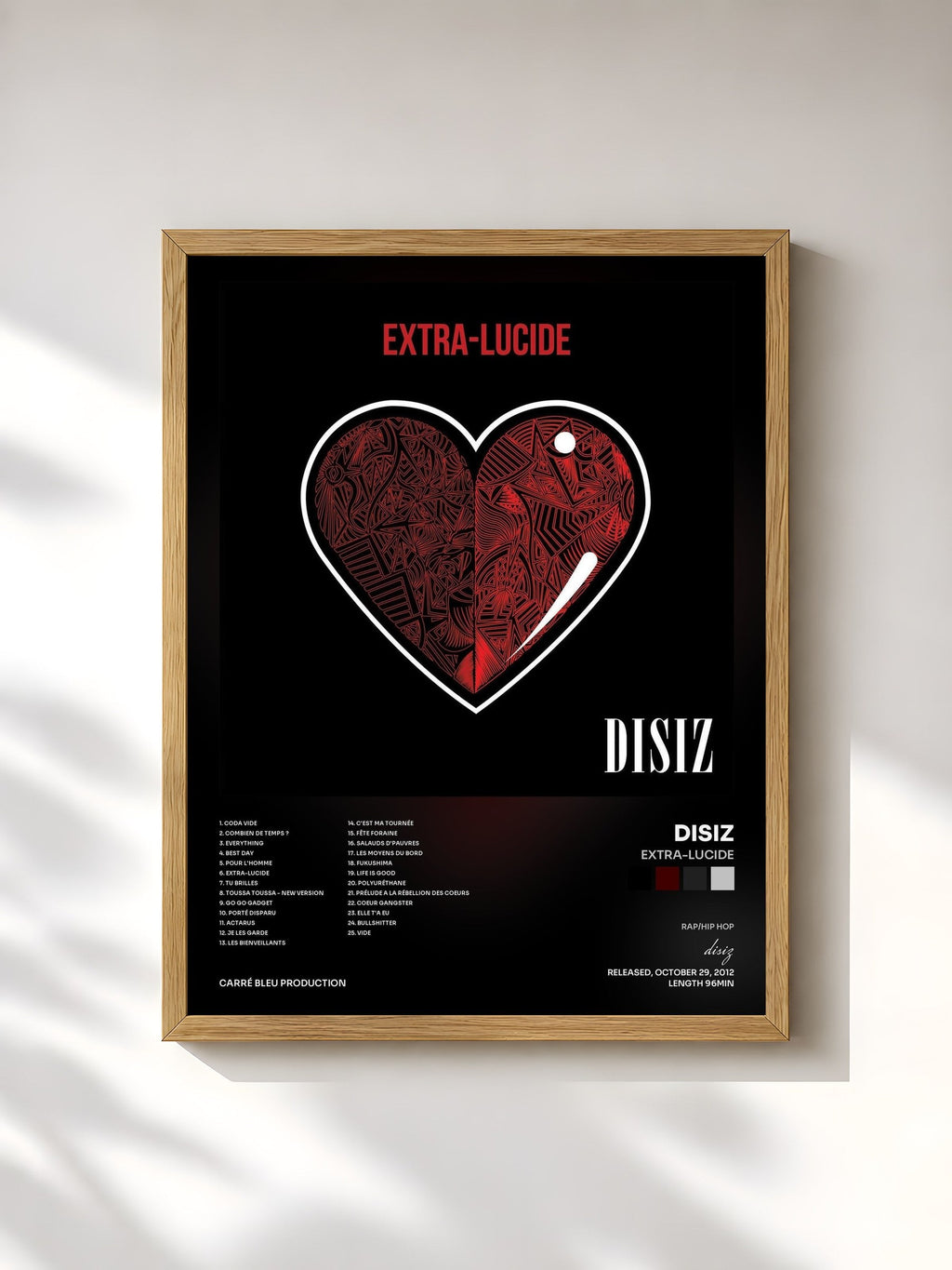 #bois Tableau de l'album Extra-lucide de disiz, cadre en bois brut, imprimé et encadré en France