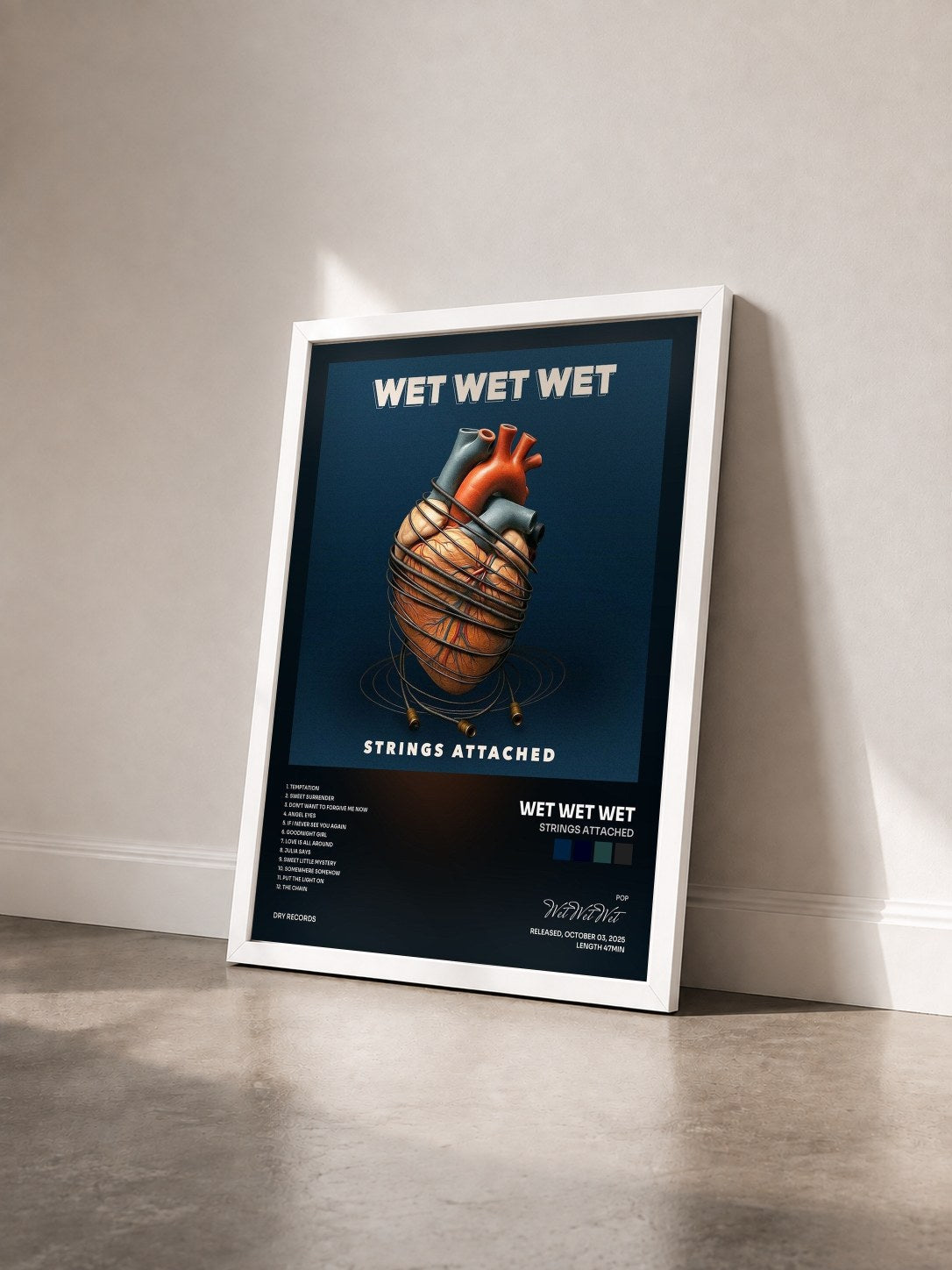#blanc Tableau de l'album Strings Attached de Wet Wet Wet vu de trois quarts, cadre blanc
