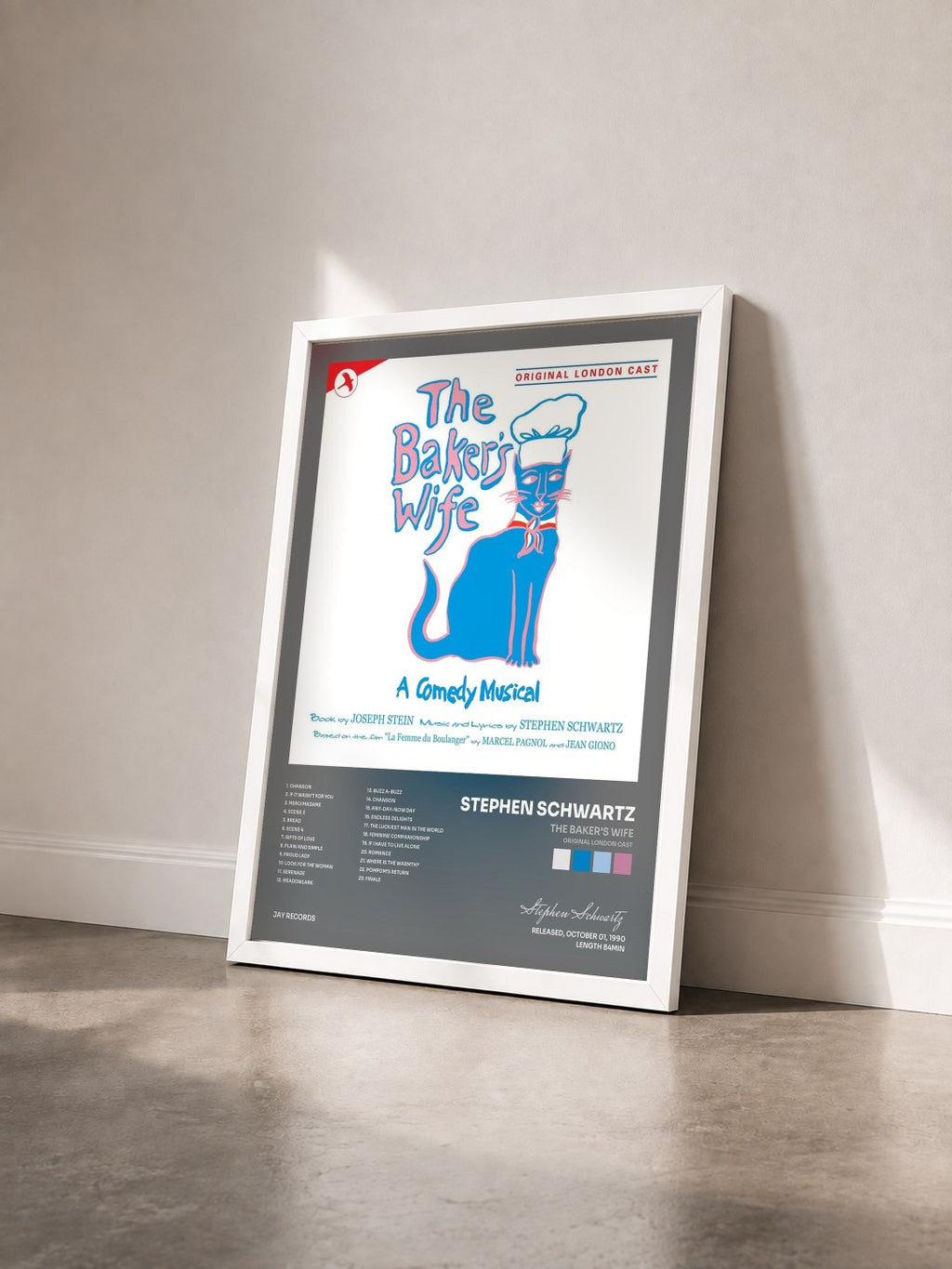 #blanc Tableau de l'album The Baker's Wife (Original London Cast) de Stephen Schwartz vu de trois quarts, cadre blanc