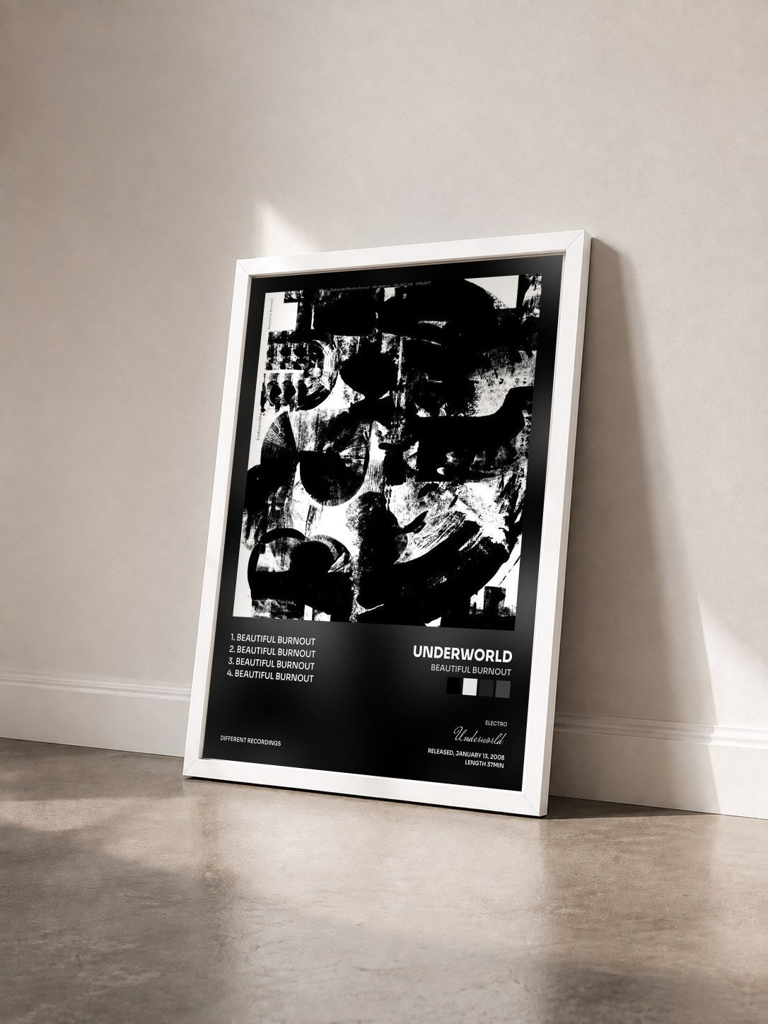 #blanc Tableau de l'album Beautiful Burnout de Underworld vu de trois quarts, cadre blanc
