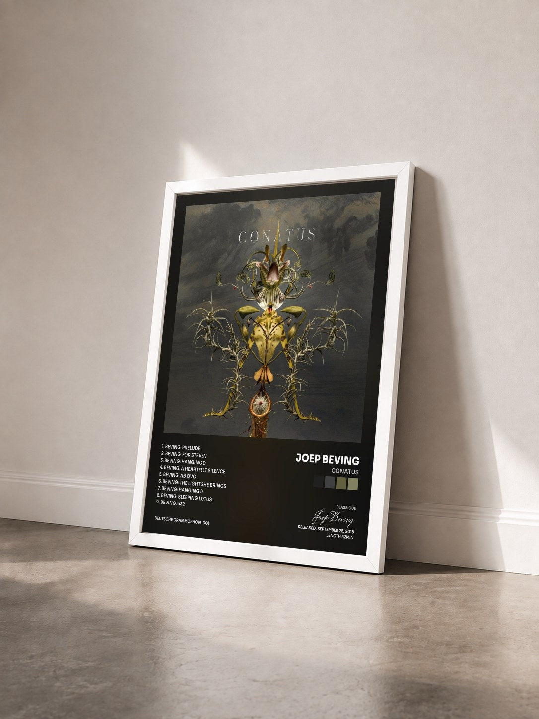 #blanc Tableau de l'album Conatus de Joep Beving vu de trois quarts, cadre blanc