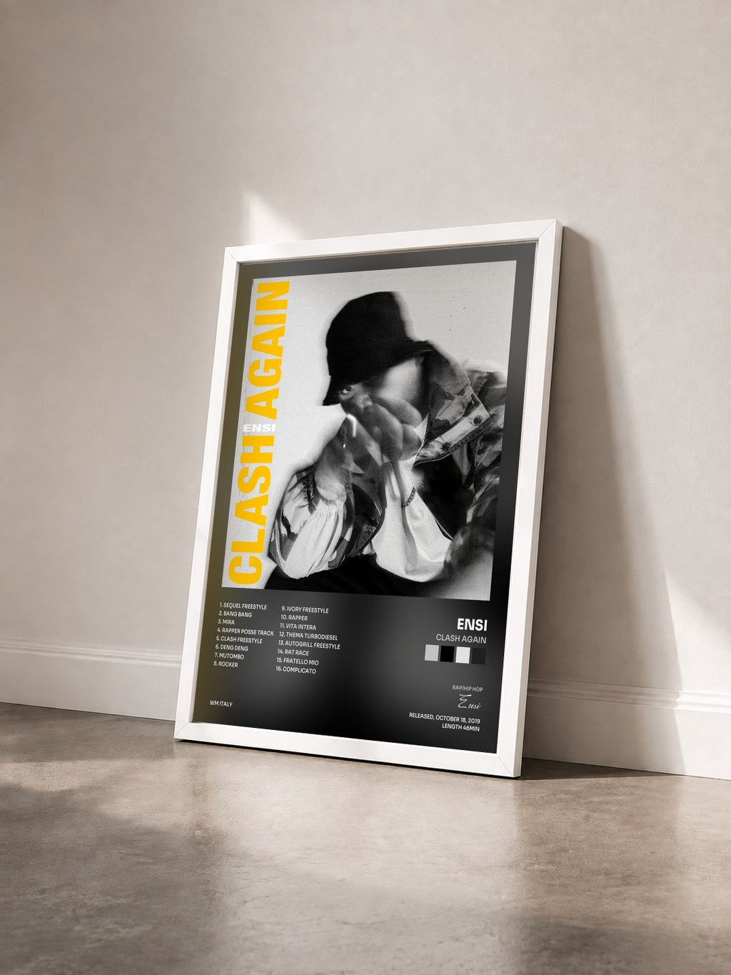 #blanc Tableau de l'album CLASH AGAIN de Ensi vu de trois quarts, cadre blanc