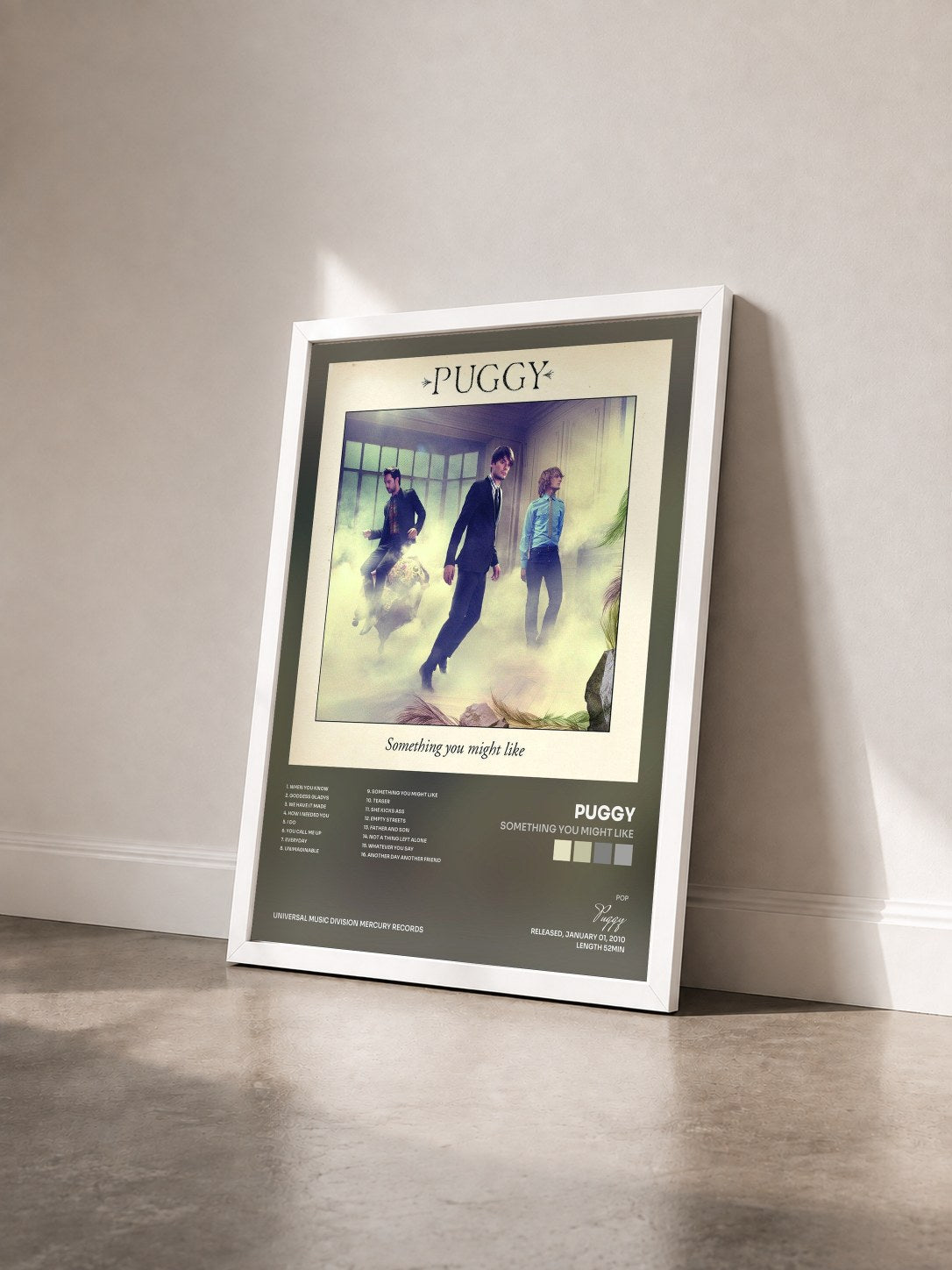 #blanc Tableau de l'album Something You Might Like de Puggy vu de trois quarts, cadre blanc