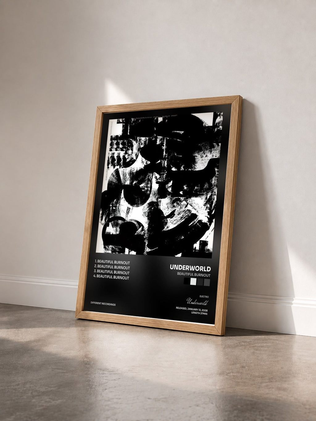 #bois Tableau de l'album Beautiful Burnout de Underworld vu de trois quarts, cadre en bois brut