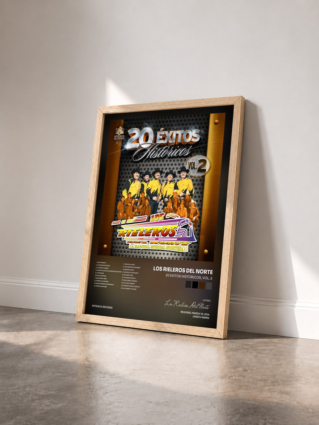 #bois Tableau de l'album 20 Exitos Historicos, Vol. 2 de Los Rieleros Del Norte vu de trois quarts, cadre en bois brut