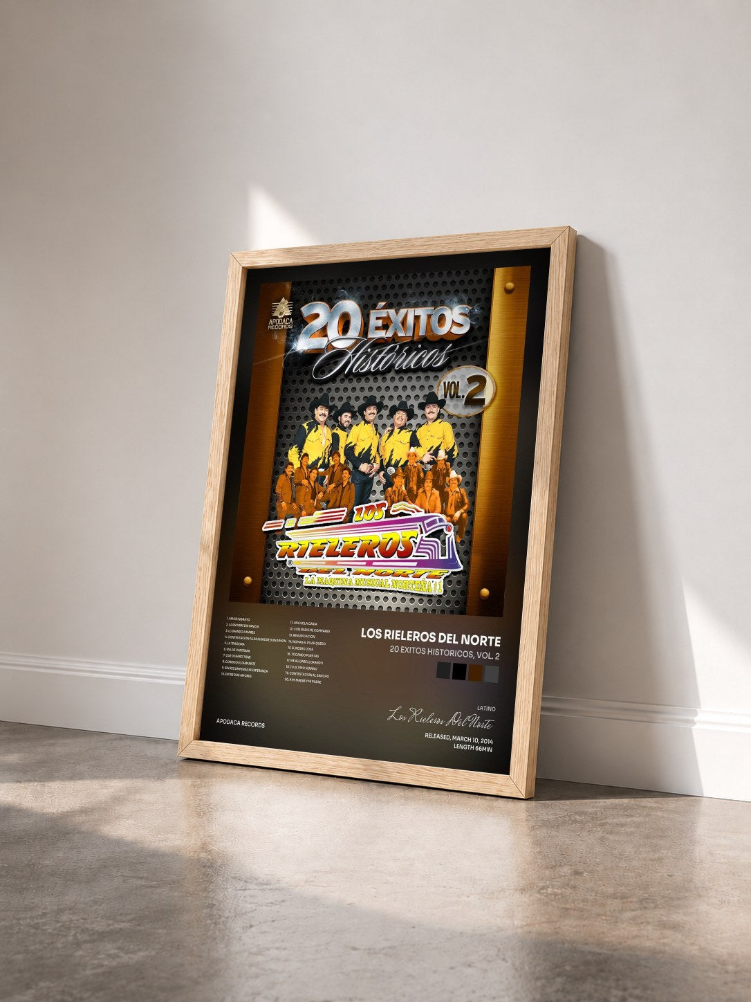 #bois Tableau de l'album 20 Exitos Historicos, Vol. 2 de Los Rieleros Del Norte vu de trois quarts, cadre en bois brut