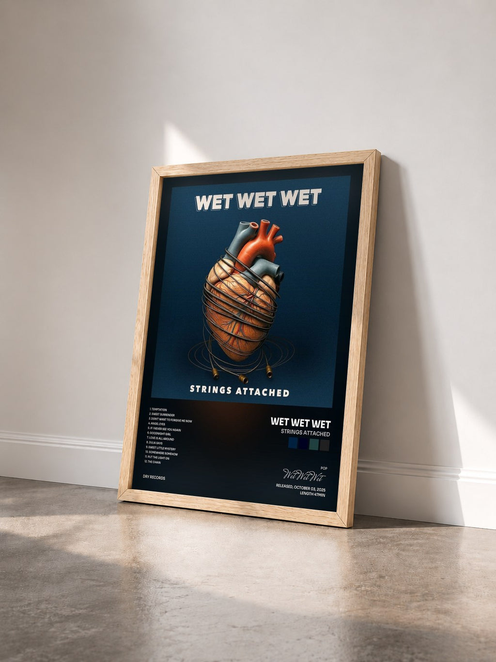 #bois Tableau de l'album Strings Attached de Wet Wet Wet vu de trois quarts, cadre en bois brut