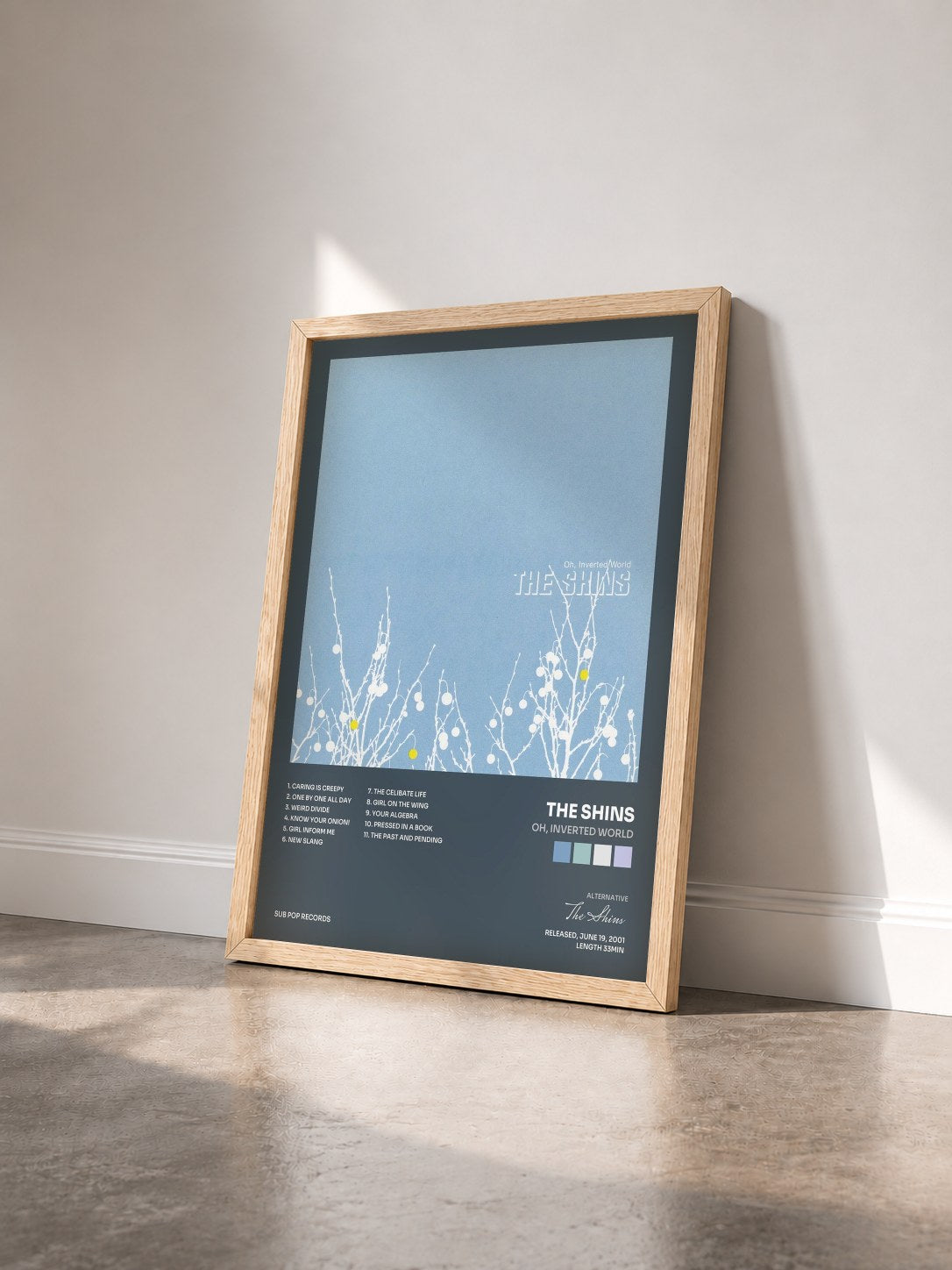 #bois Tableau de l'album Oh, Inverted World de The Shins vu de trois quarts, cadre en bois brut