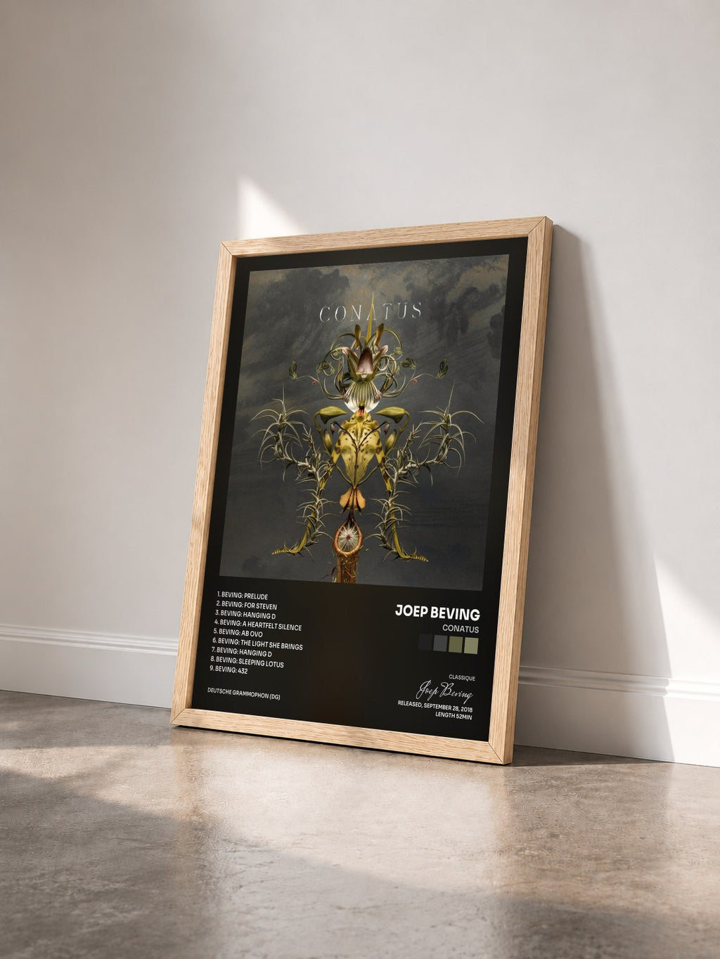 #bois Tableau de l'album Conatus de Joep Beving vu de trois quarts, cadre en bois brut