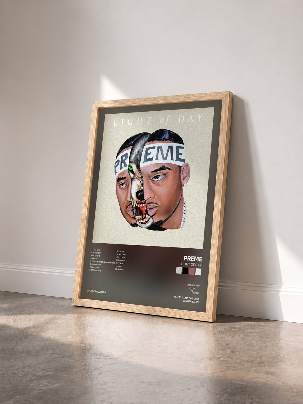 #bois Tableau de l'album Light Of Day de Preme vu de trois quarts, cadre en bois brut