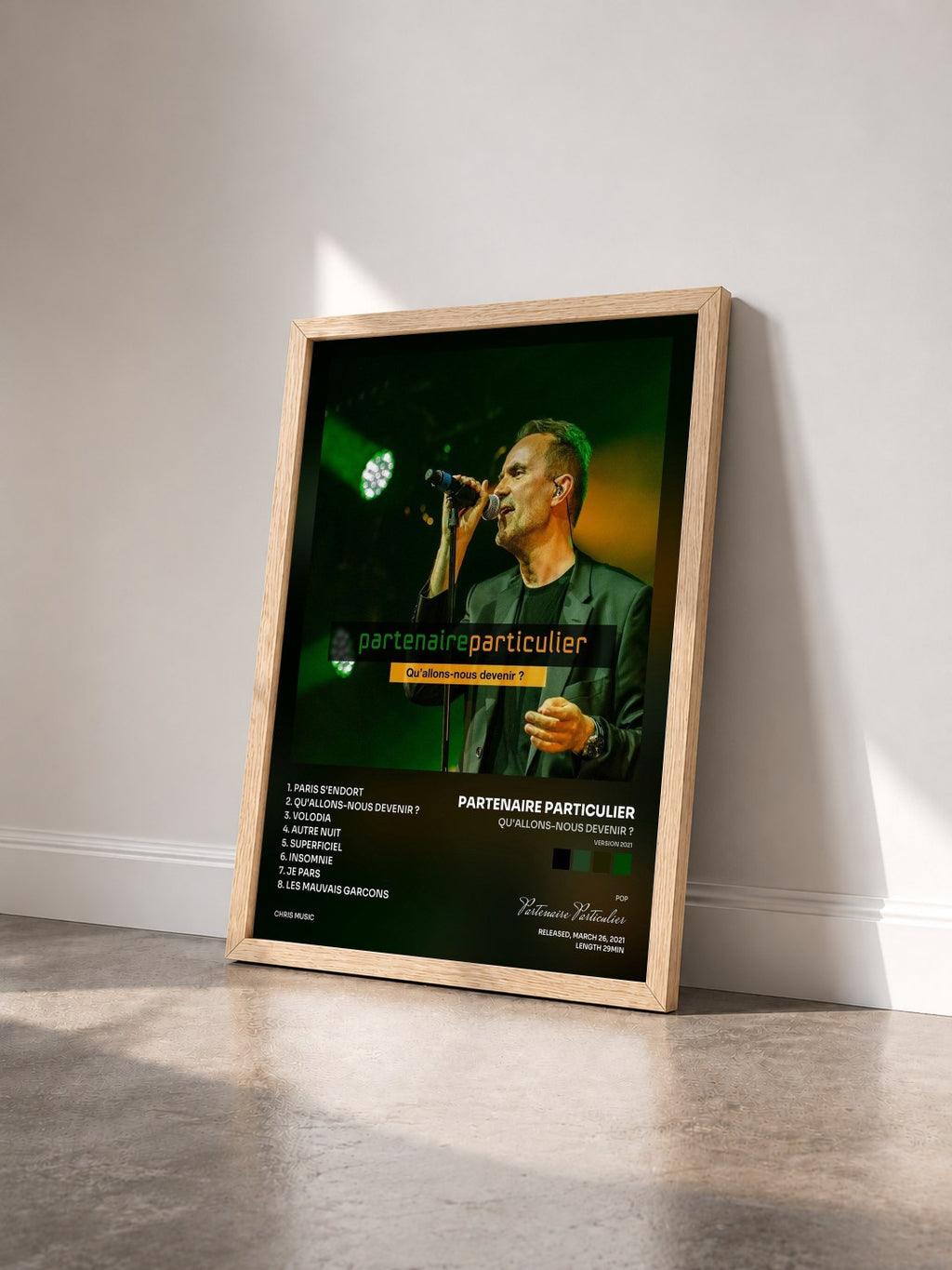 #bois Tableau de l'album Qu'allons-nous devenir ? (Version 2021) de Partenaire Particulier vu de trois quarts, cadre en bois brut