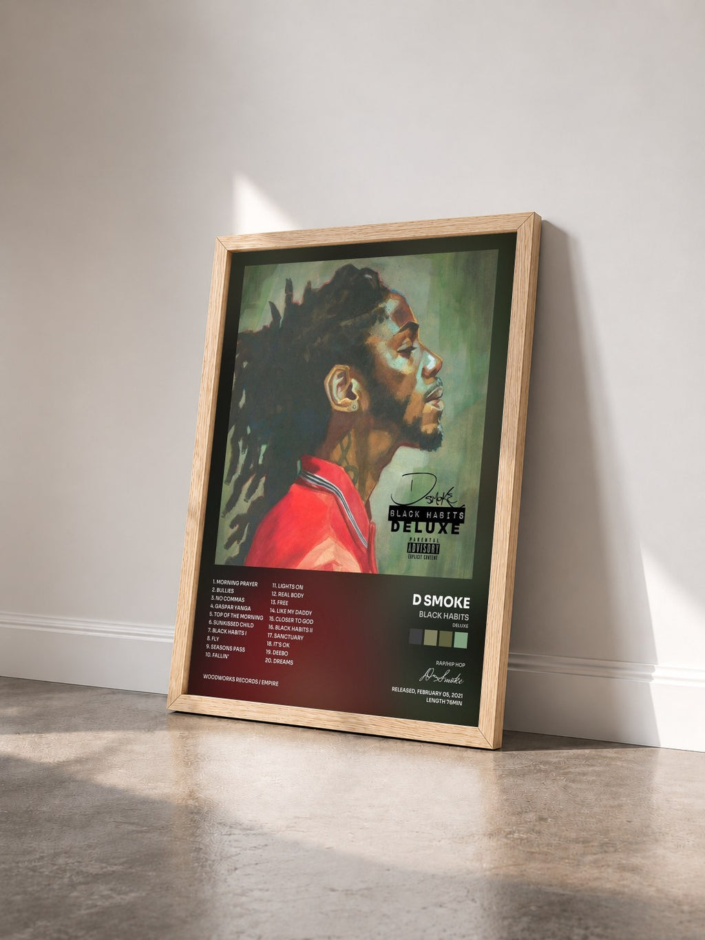 #bois Tableau de l'album Black Habits (Deluxe) de D Smoke vu de trois quarts, cadre en bois brut