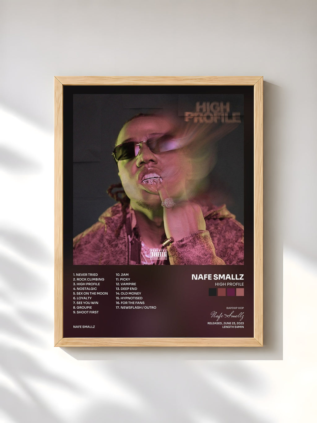 #bois Tableau de l'album High Profile de Nafe Smallz, cadre en bois brut, imprimé et encadré en France