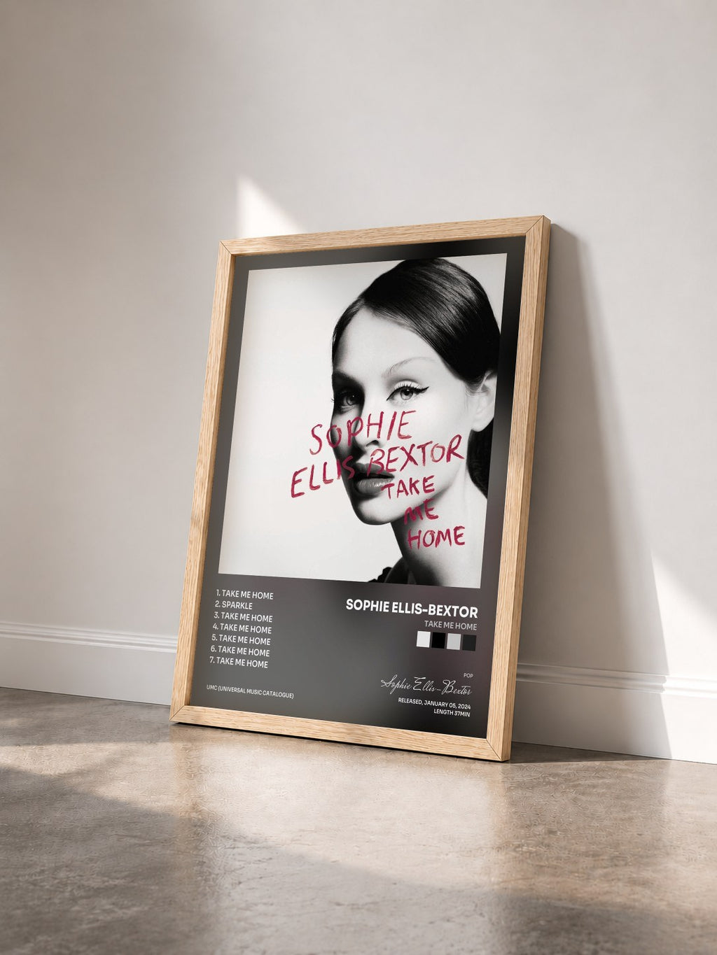 #bois Tableau de l'album Take Me Home de Sophie Ellis-Bextor vu de trois quarts, cadre en bois brut