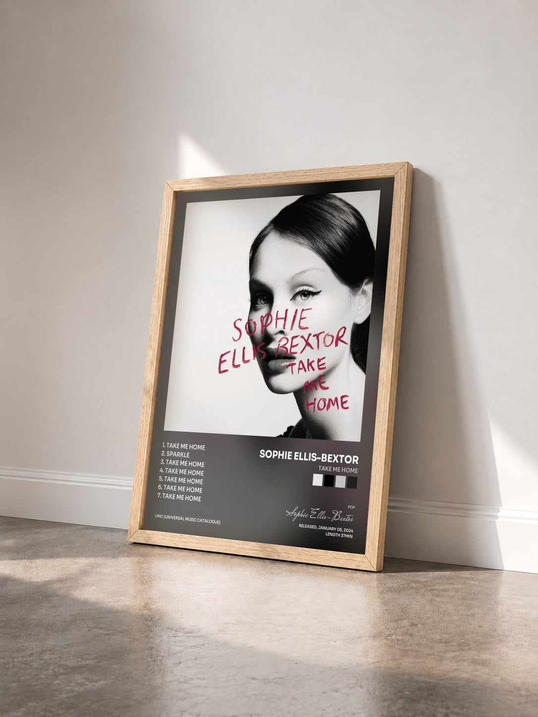 #bois Tableau de l'album Take Me Home de Sophie Ellis-Bextor vu de trois quarts, cadre en bois brut