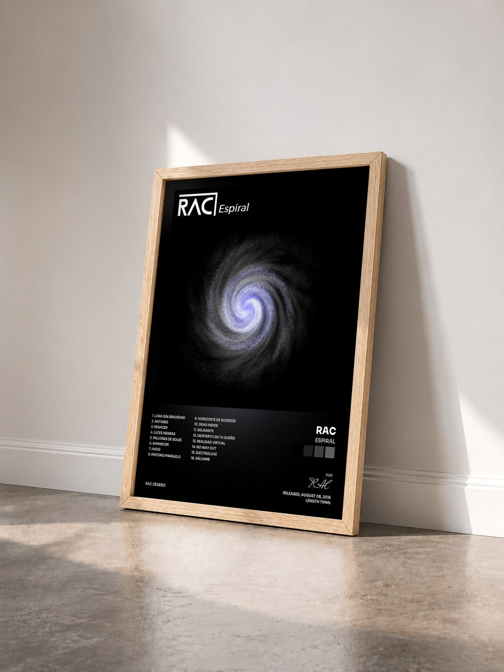 #bois Tableau de l'album Espiral de RAC vu de trois quarts, cadre en bois brut