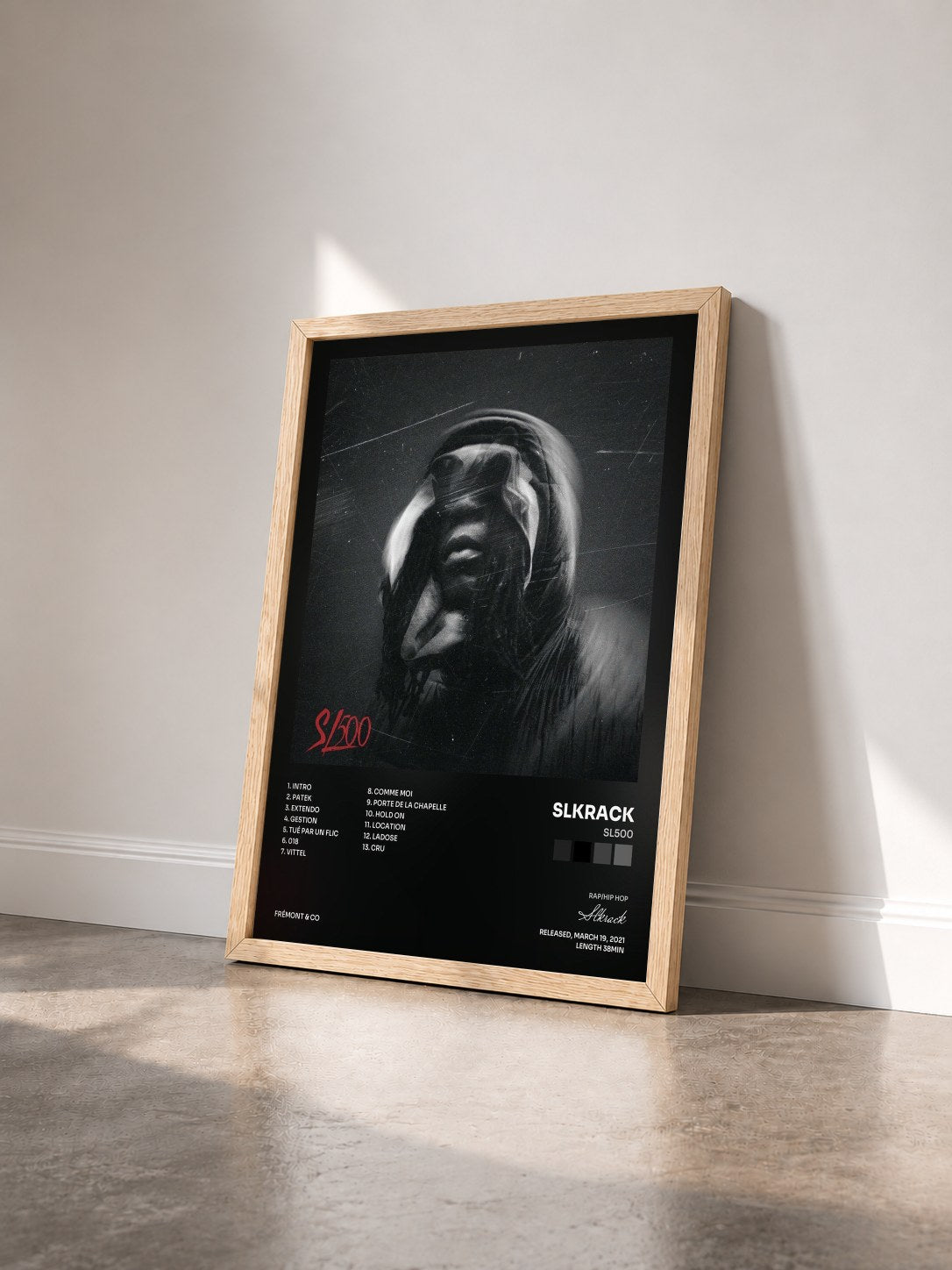 #bois Tableau de l'album SL500 de Slkrack vu de trois quarts, cadre en bois brut