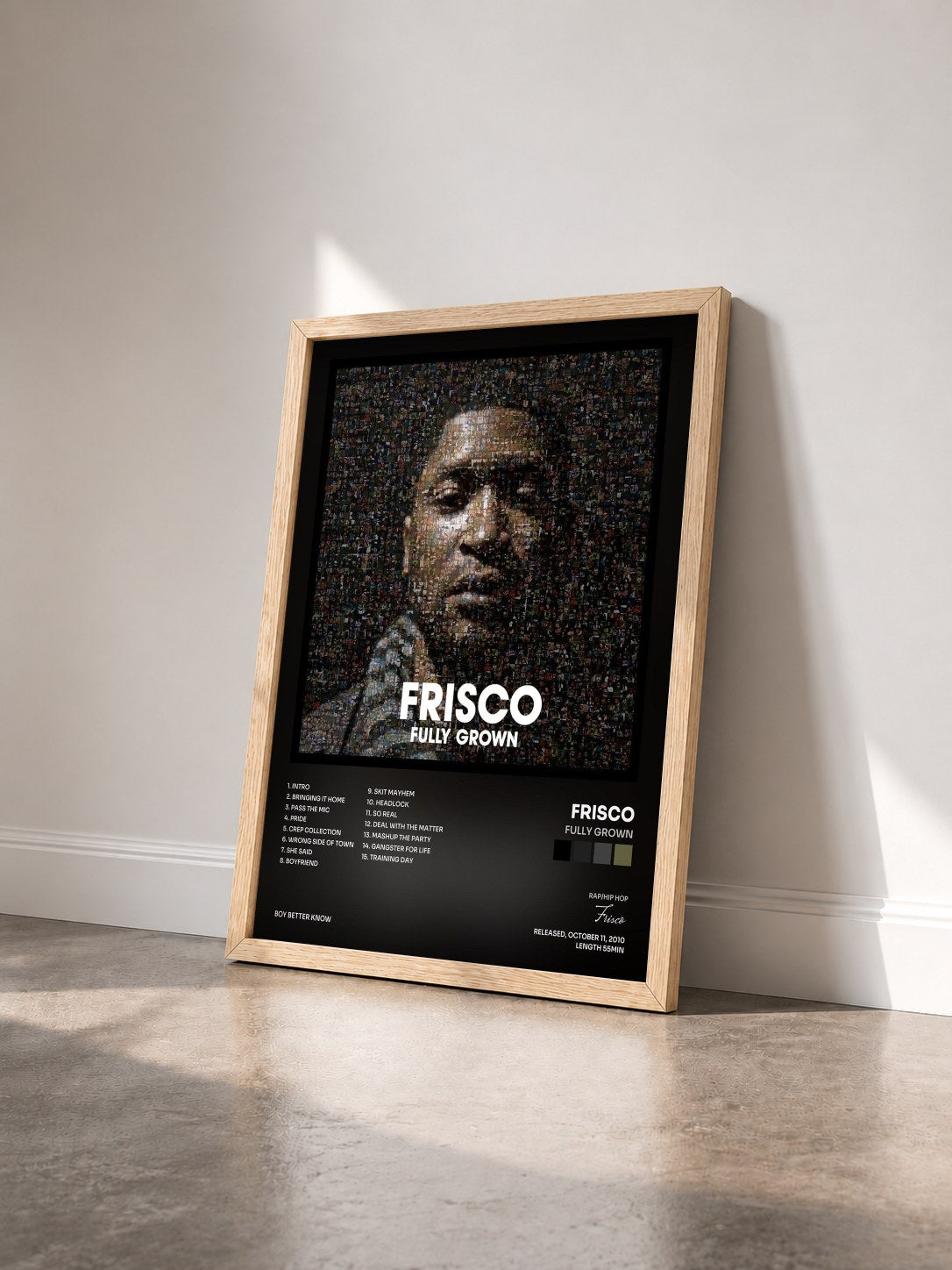 #bois Tableau de l'album Fully Grown de Frisco vu de trois quarts, cadre en bois brut